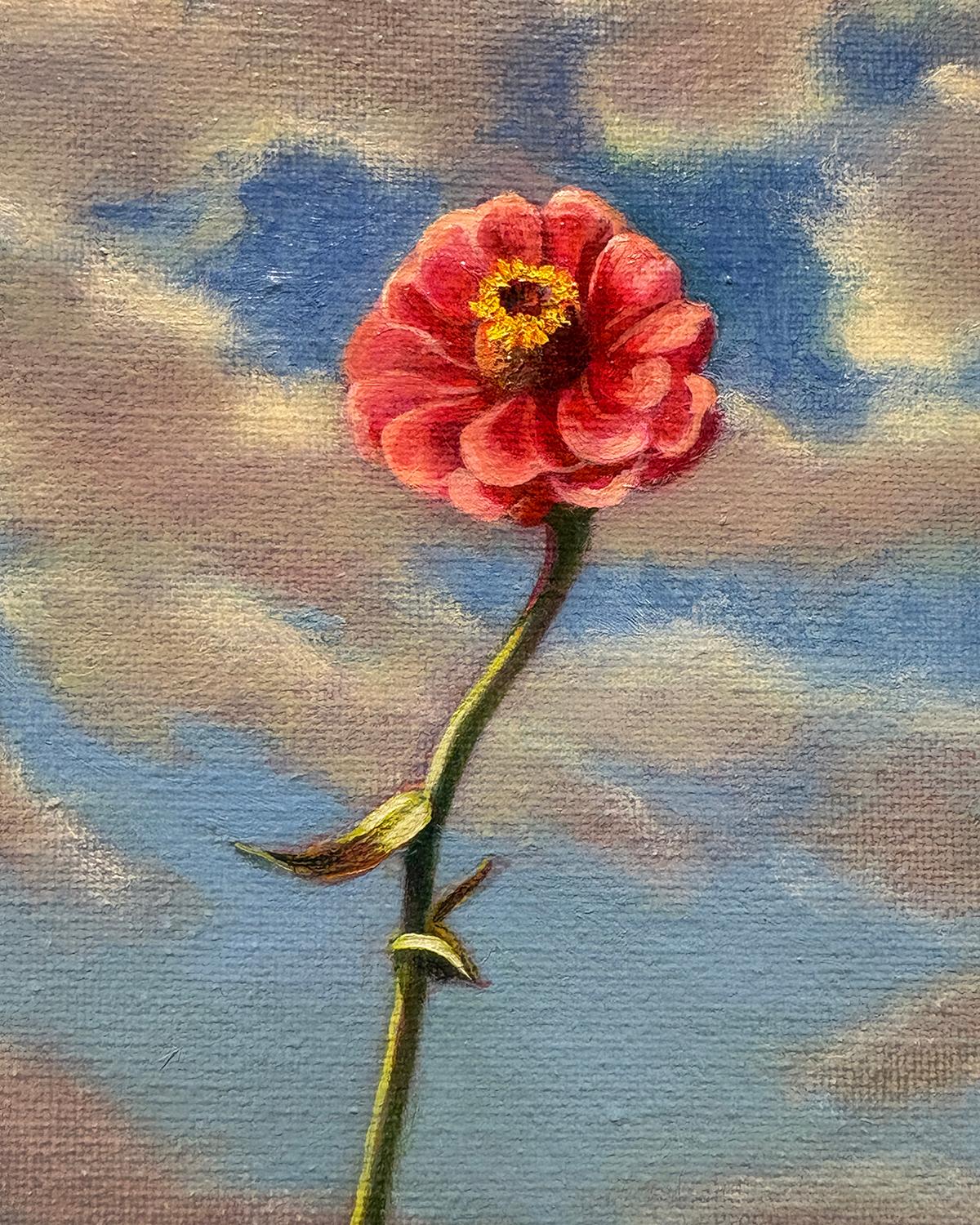 Herde und Zinnie (Rosa Zinnien-Stillleben mit Schafen und Wolkenlandschaft) im Angebot 2