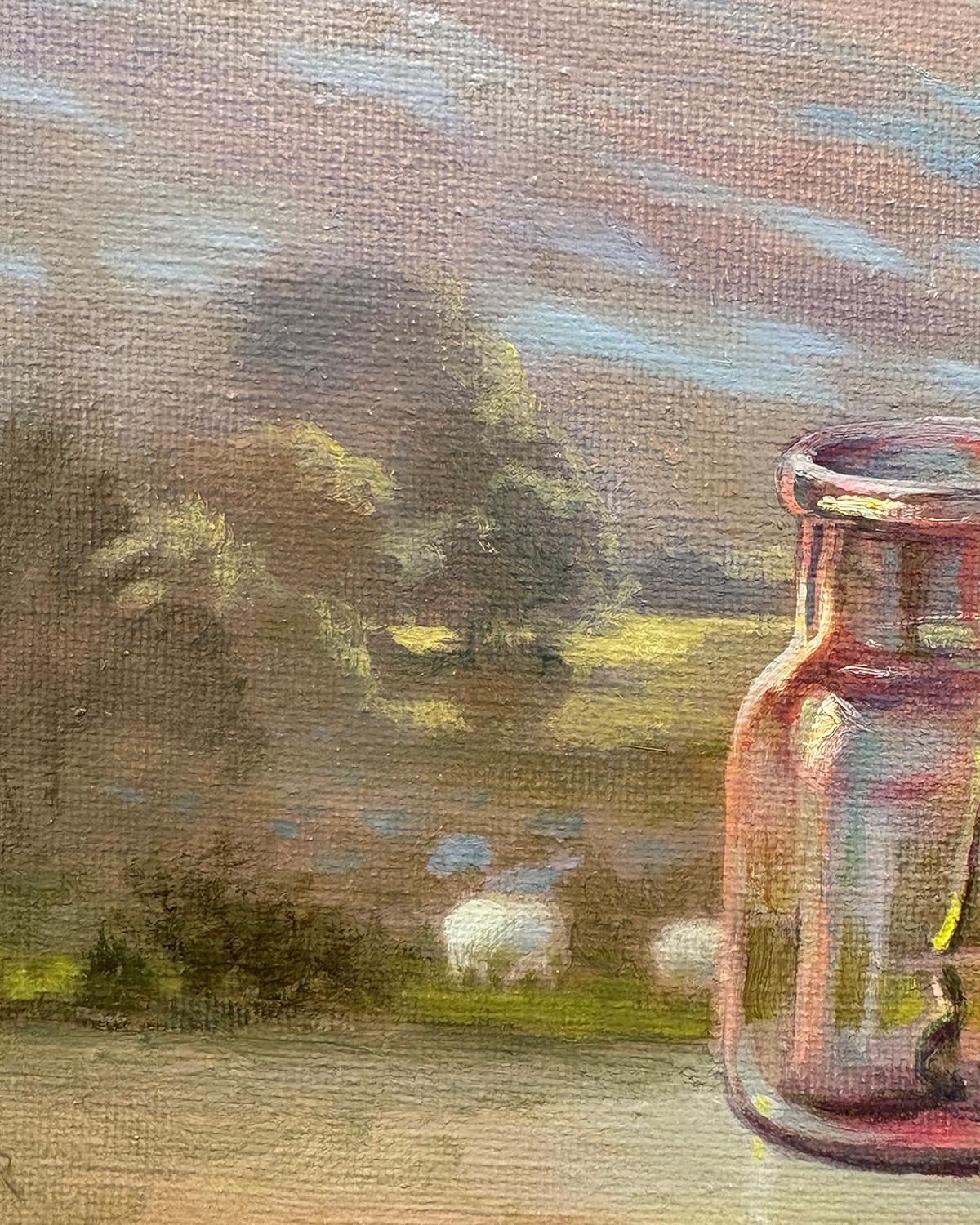 Herde und Zinnie (Rosa Zinnien-Stillleben mit Schafen und Wolkenlandschaft) im Angebot 4