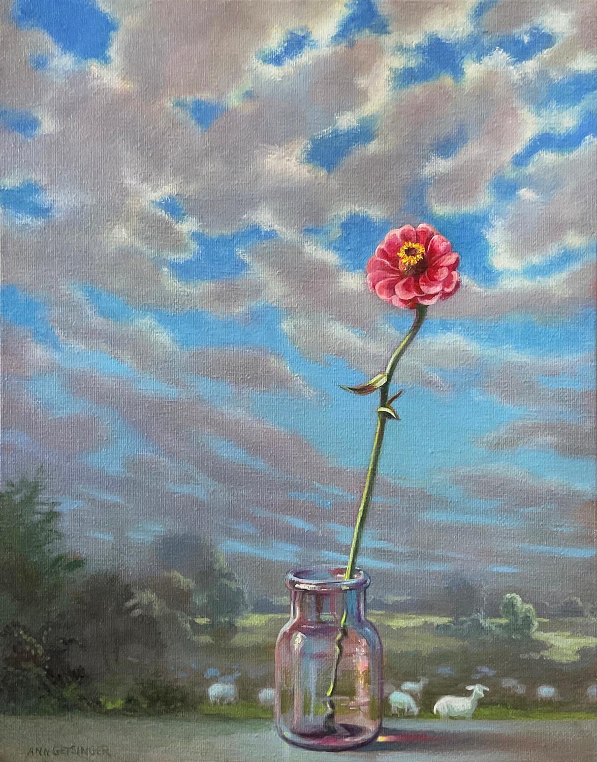 Rebaño y zinnia (Bodegón de zinnia rosa con oveja y paisaje de nubes)