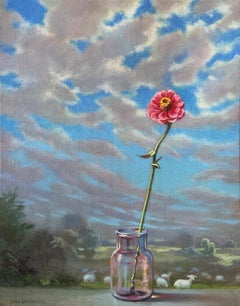 Flock and Zinnia (Pink Zinnia Still Life with Sheep and Cloud Landscape)