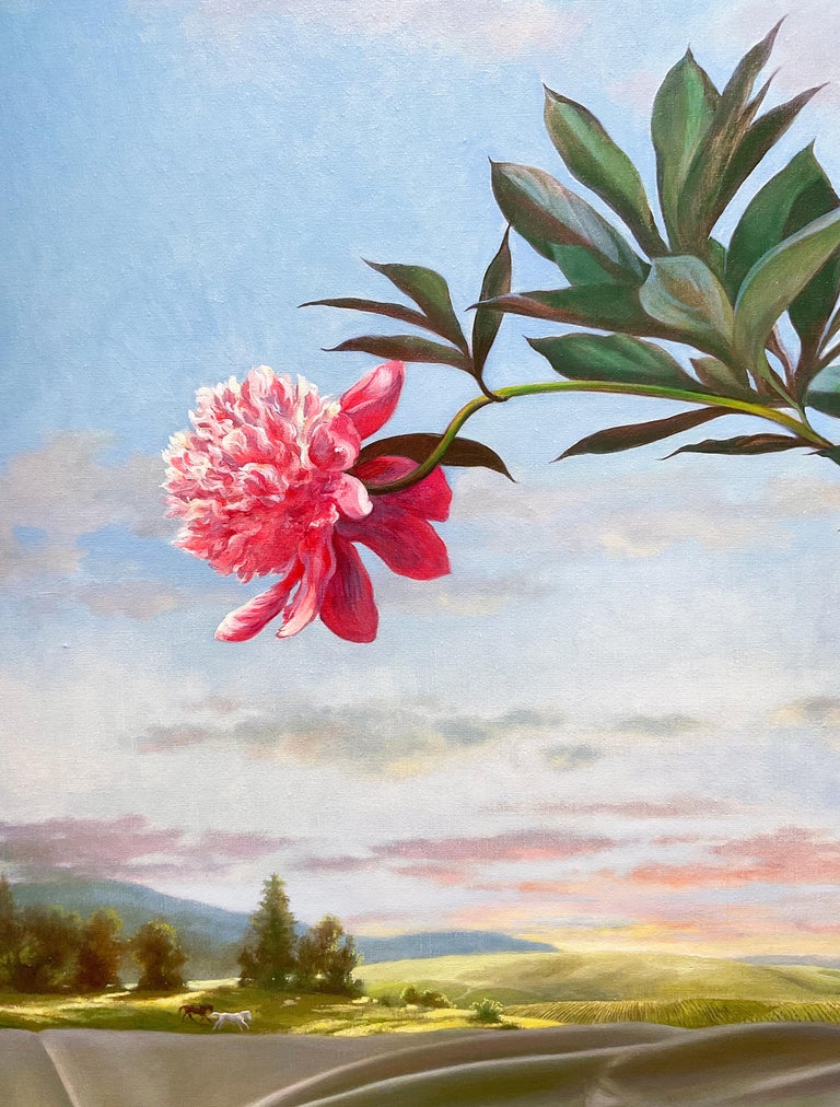 Leaping Peony (Still Life Painting with Pink Flower and Country Landscape) For Sale 1