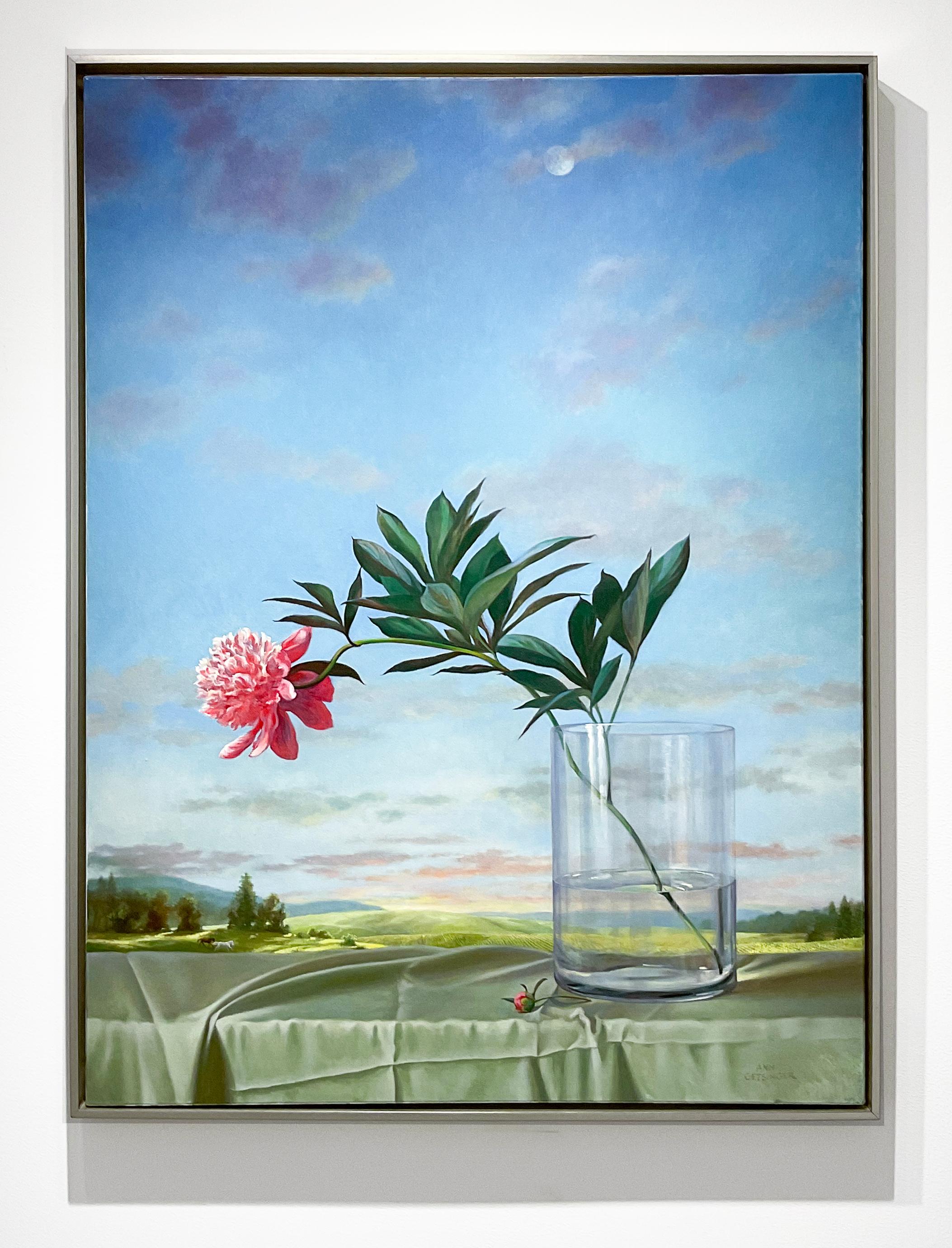 Pfingstrose (Stillleben-Gemälde mit rosa Blume und Landschaft im Landleben)
