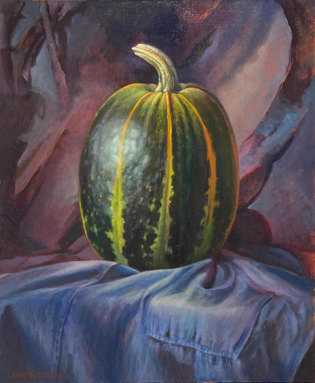Calabaza misteriosa (Calabaza hiperrealista verde y naranja y telón de fondo de tela)