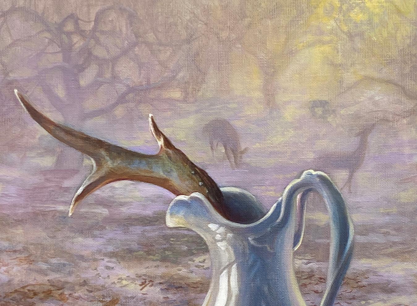 Orchard Antler (Realist Still Life of White Pitcher and Antler with Misty Fog) - Painting by Ann Getsinger