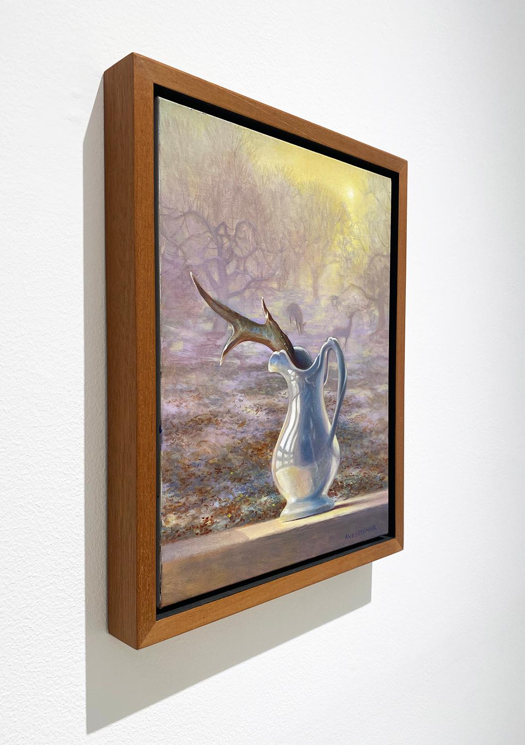 Orchard Antler (Realist Still Life of White Pitcher and Antler with Misty Fog) - Brown Landscape Painting by Ann Getsinger