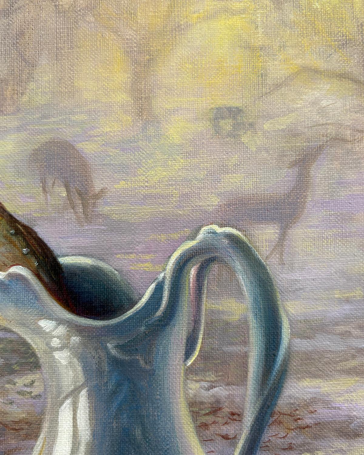 Orchard Antler (Realist Still Life of White Pitcher and Antler with Misty Fog)
Made is 2021, by Berkshire based artist Ann Getsinger 
oil on linen, 14 x 11 inches
Signed, lower right

Ann Getsinger is an oil painter with a home and studio is in the