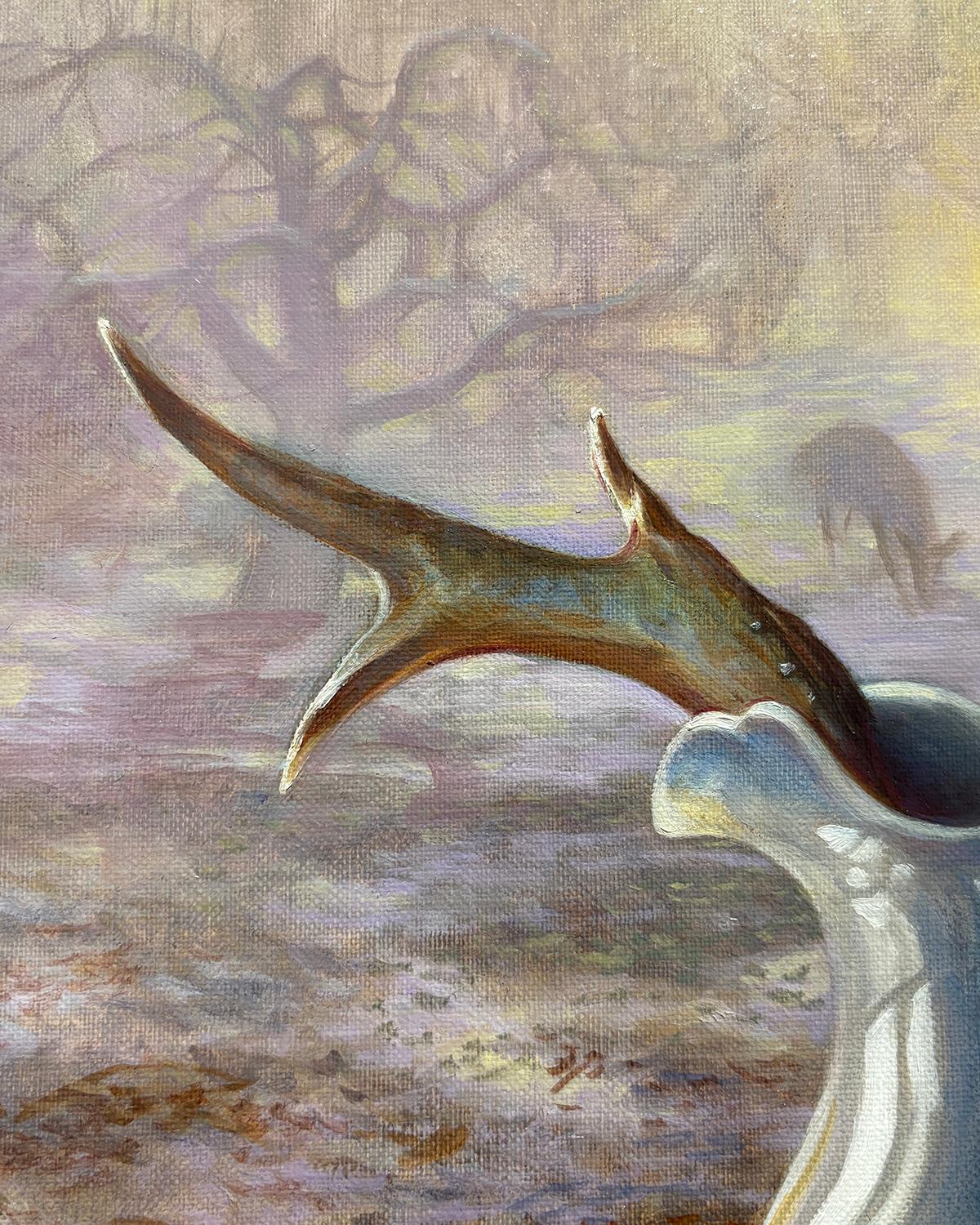 Orchard Antler (Realist Still Life of White Pitcher and Antler with Misty Fog) For Sale 1