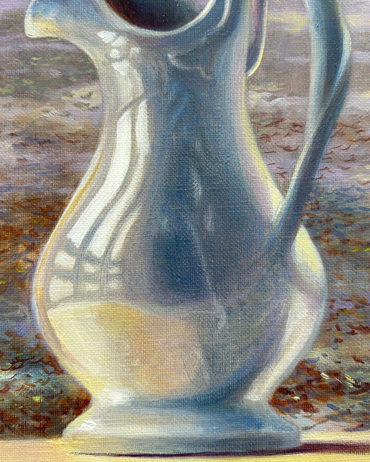 Orchard Antler (Realist Still Life of White Pitcher and Antler with Misty Fog) For Sale 2