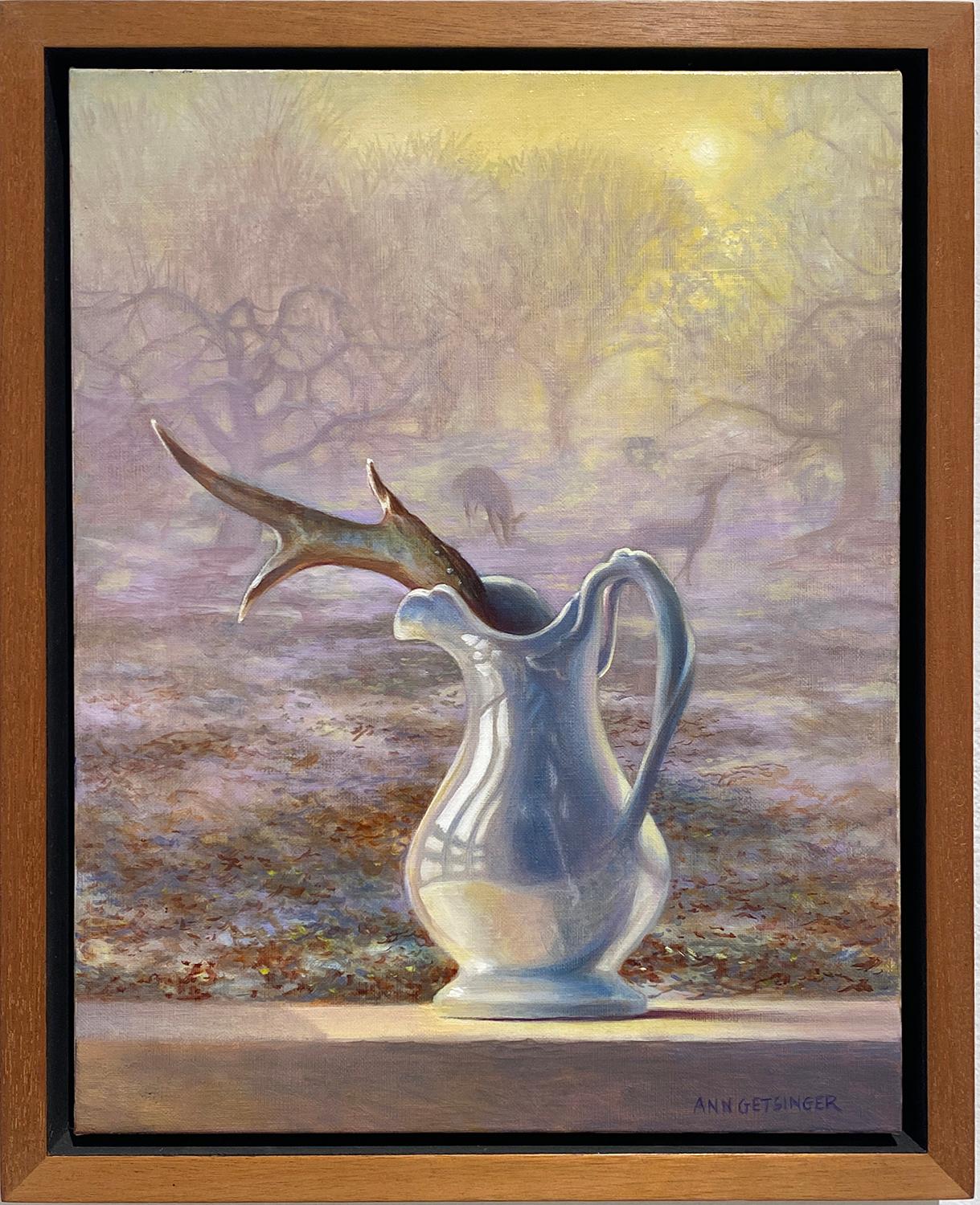 Orchard Antler (Realist Still Life of White Pitcher and Antler with Misty Fog) For Sale 3