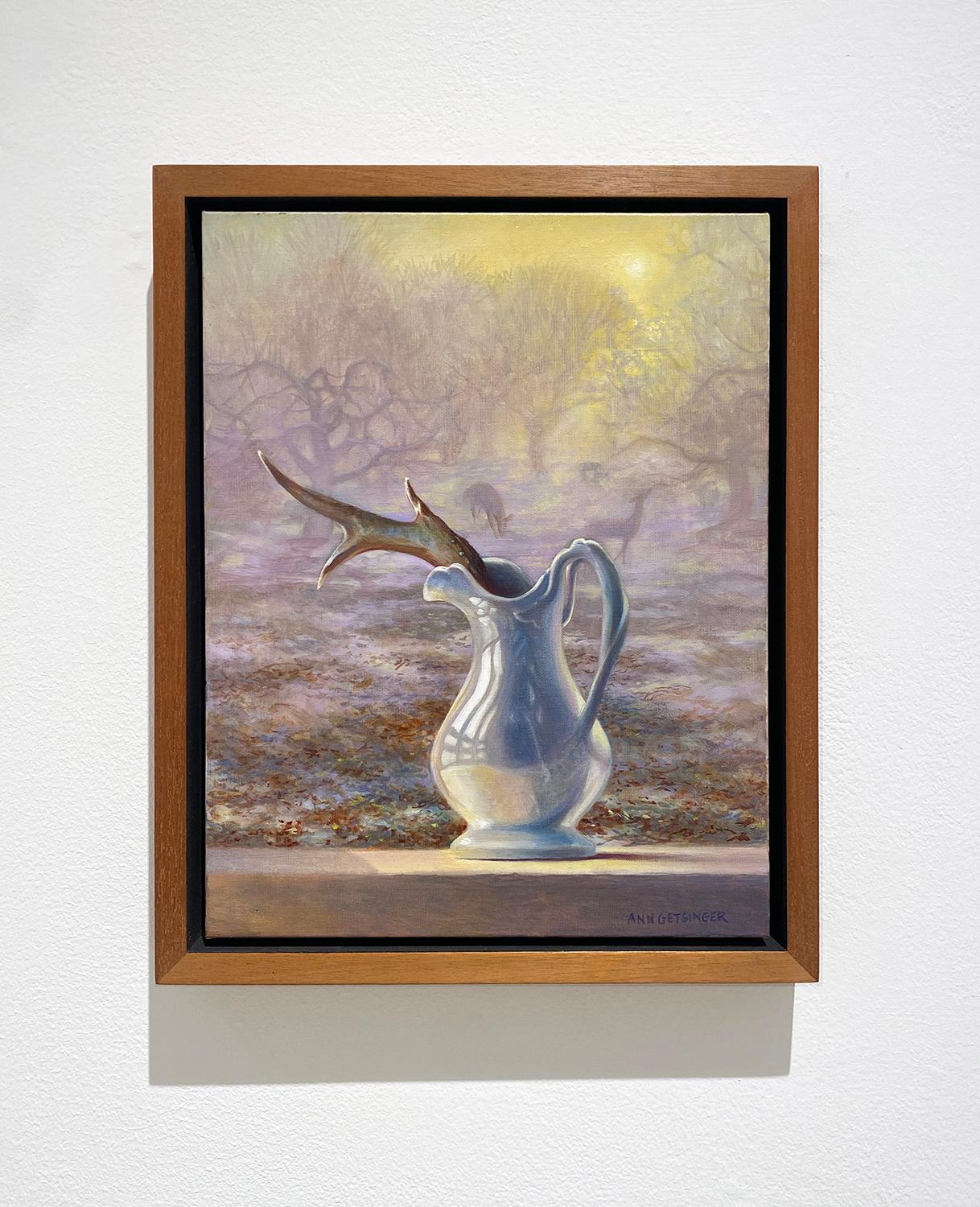 Orchard Antler (Realist Still Life of White Pitcher and Antler with Misty Fog) For Sale 4