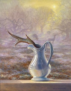 Orchard Antler (Realist Still Life of White Pitcher and Antler with Misty Fog)