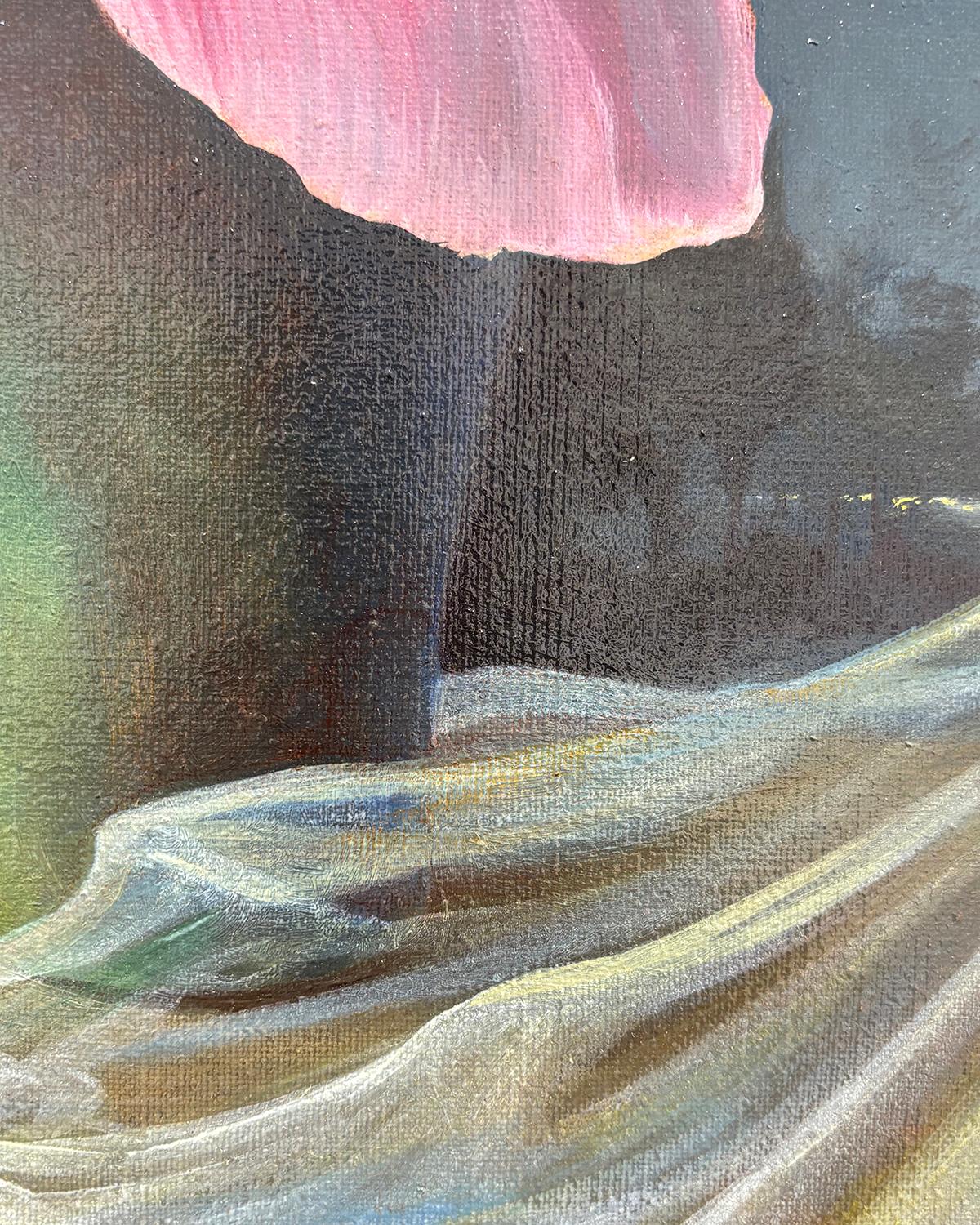 Pfingstrose (Rosa Pfingstrose mit gelber Mitte und kleinerer Narzisse Realistisches Stilleben) im Angebot 1