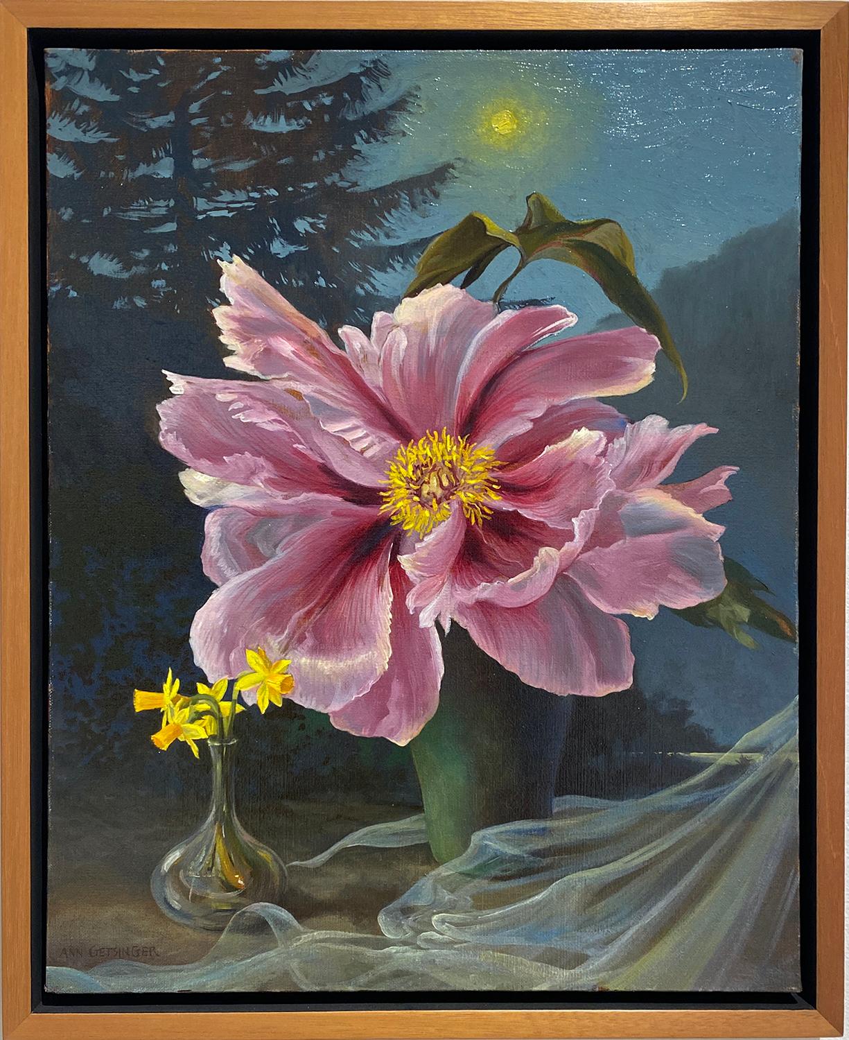 Pfingstrose (Rosa Pfingstrose mit gelber Mitte und kleinerer Narzisse Realistisches Stilleben) im Angebot 4