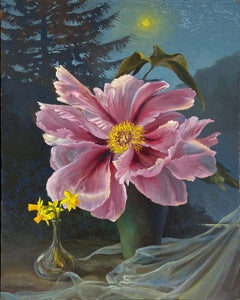 Pfingstrose (Rosa Pfingstrose mit gelber Mitte und kleinerer Narzisse Realistisches Stilleben)