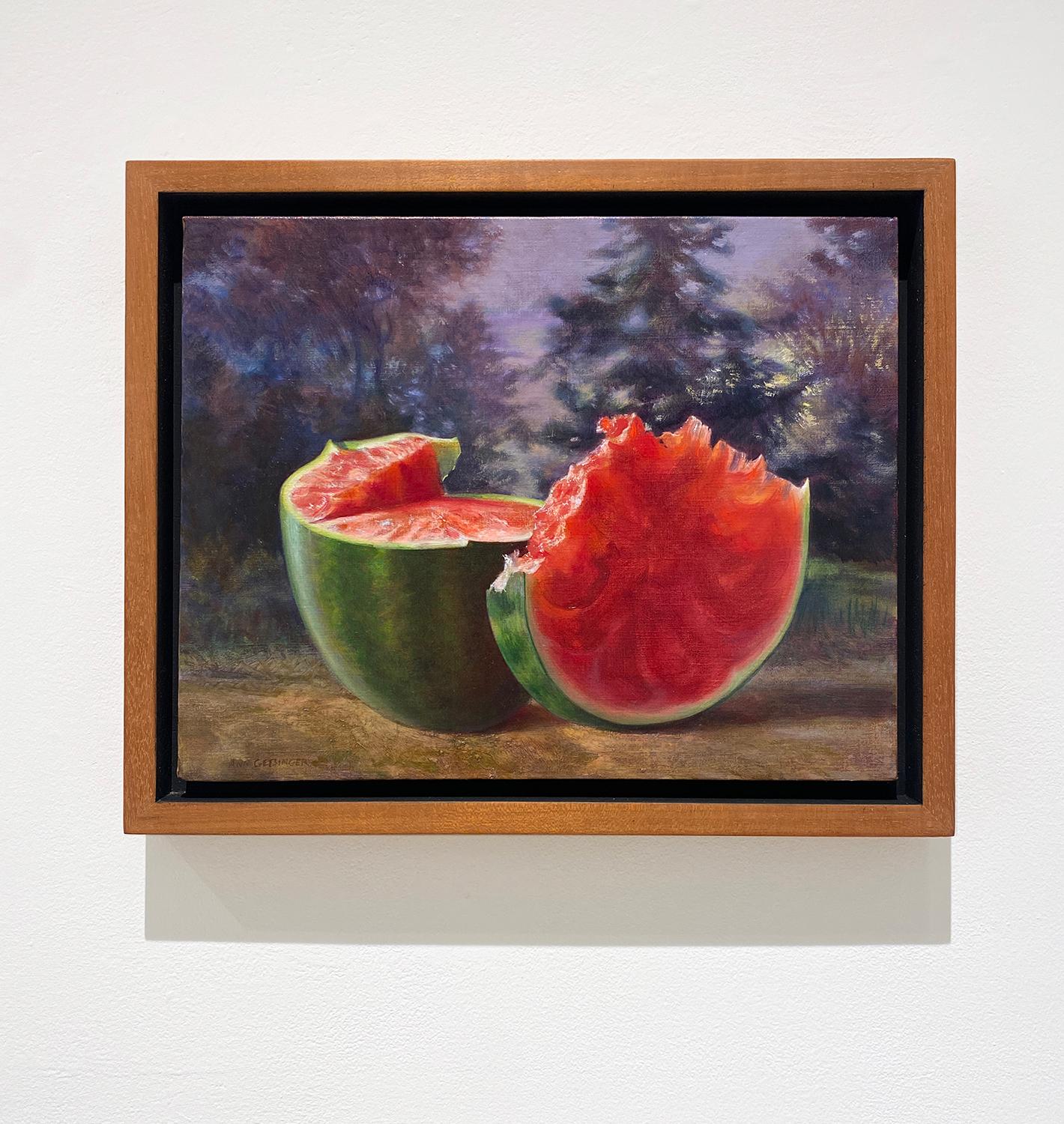 Ripe (Still Life realistico di anguria e paesaggio forestale) - Painting di Ann Getsinger