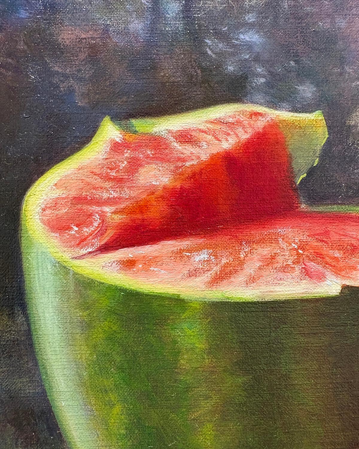 Quadro realistico e moderno di un'anguria e di una pineta
Made is 2022, dell'artista Ann Getsinger, che vive nel Berkshire. 
olio su lino
11 x 14 pollici
16 x 13 pollici in una cornice galleggiante in noce
Firmato, in basso a sinistra

Ann Getsinger
