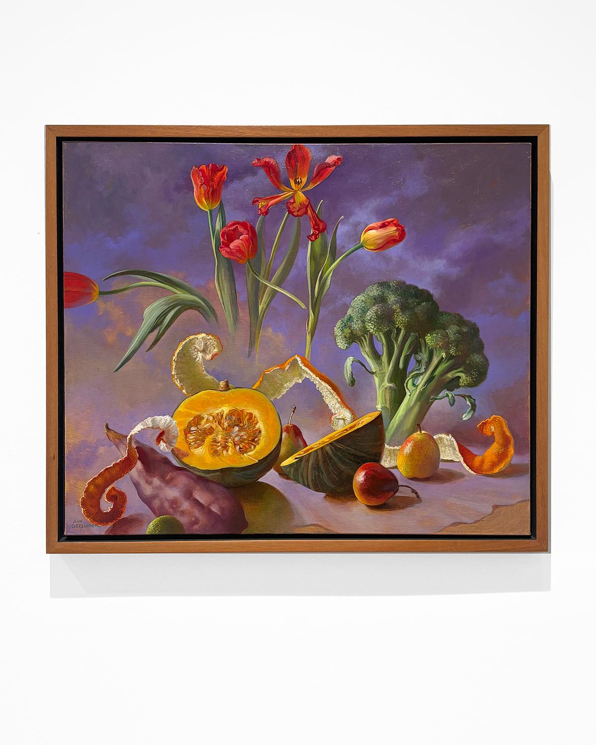 Aufhängung (Hyperrealistisches Blumen- und Gemüsestillleben vor Wolken) im Angebot 11