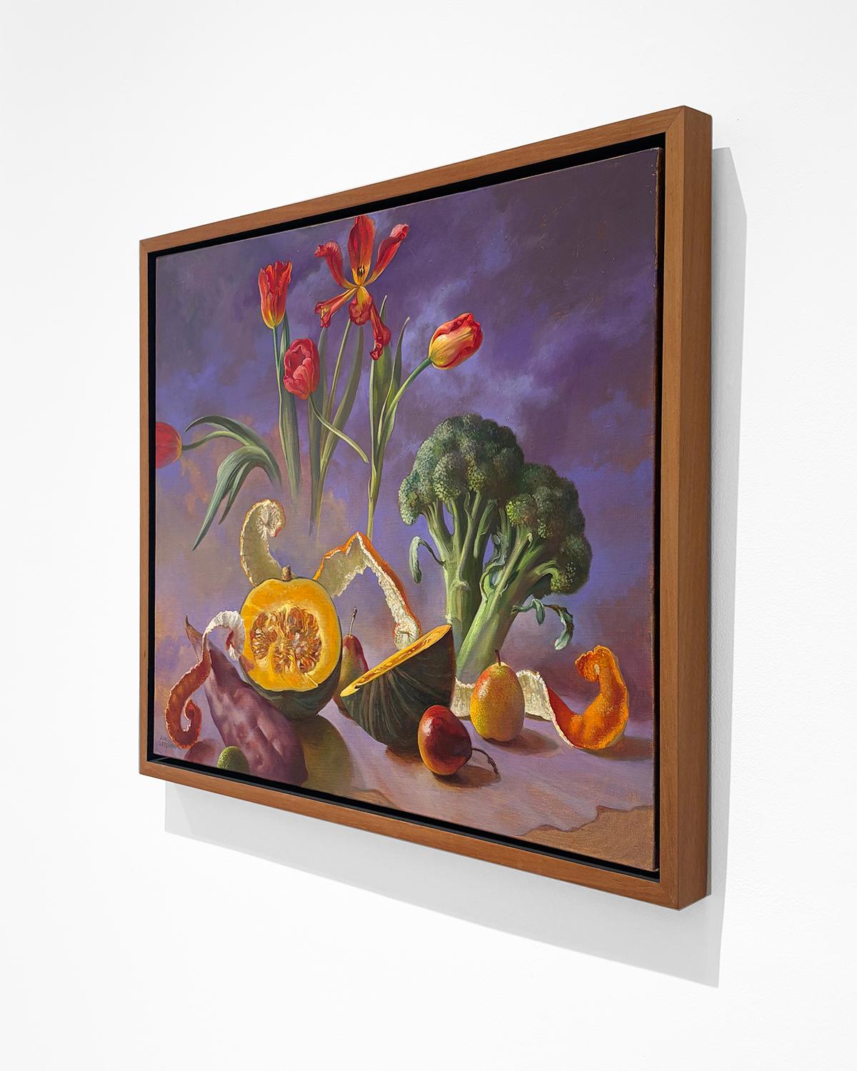 Aufhängung (Hyperrealistisches Blumen- und Gemüsestillleben vor Wolken) im Angebot 12