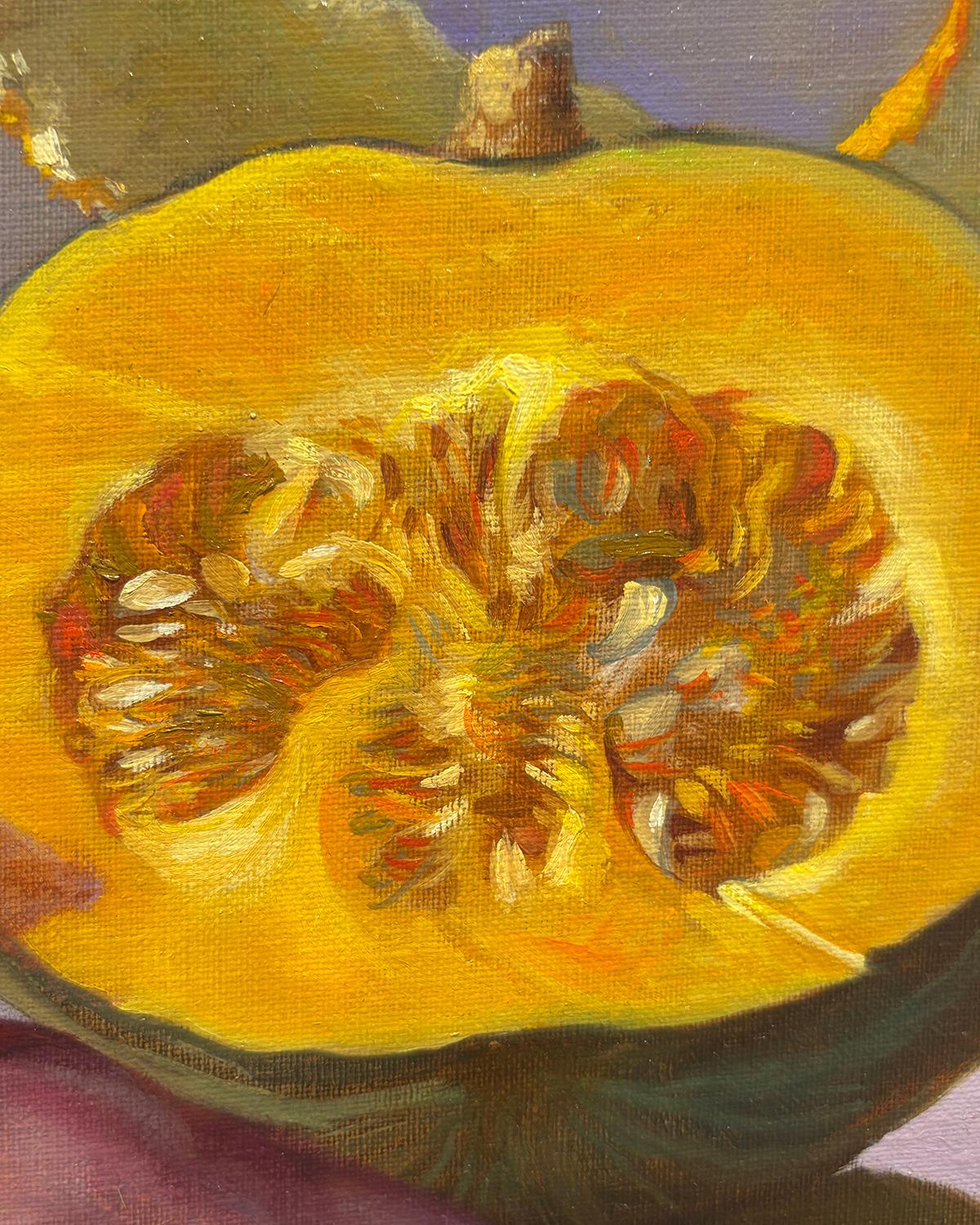 Aufhängung (Hyperrealistisches Blumen- und Gemüsestillleben vor Wolken) (Grau), Landscape Painting, von Ann Getsinger