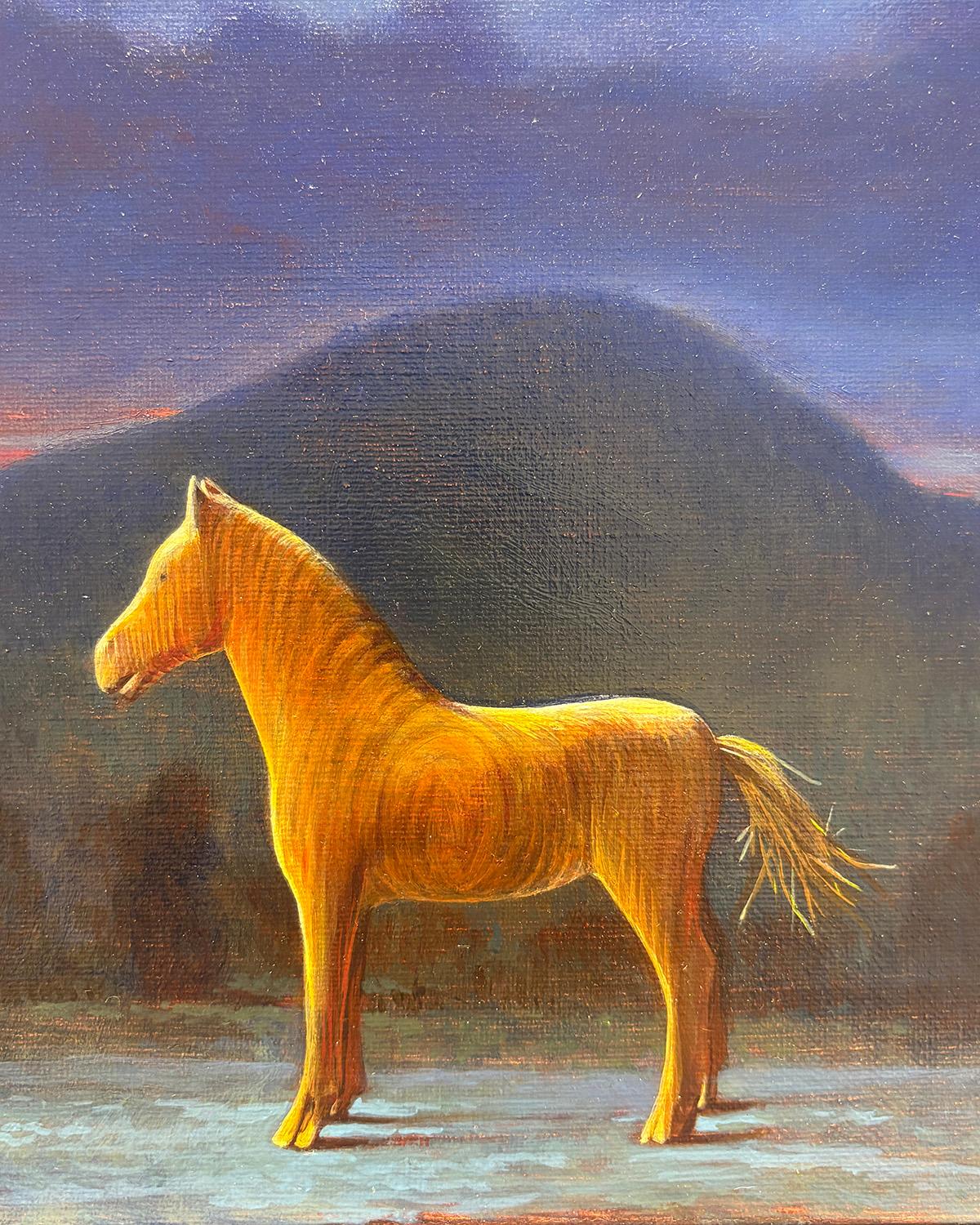 Serie Cavallo giocattolo: Notte (Natura morta realistica con cavallo giocattolo contro il cielo notturno) - Painting Contemporaneo di Ann Getsinger