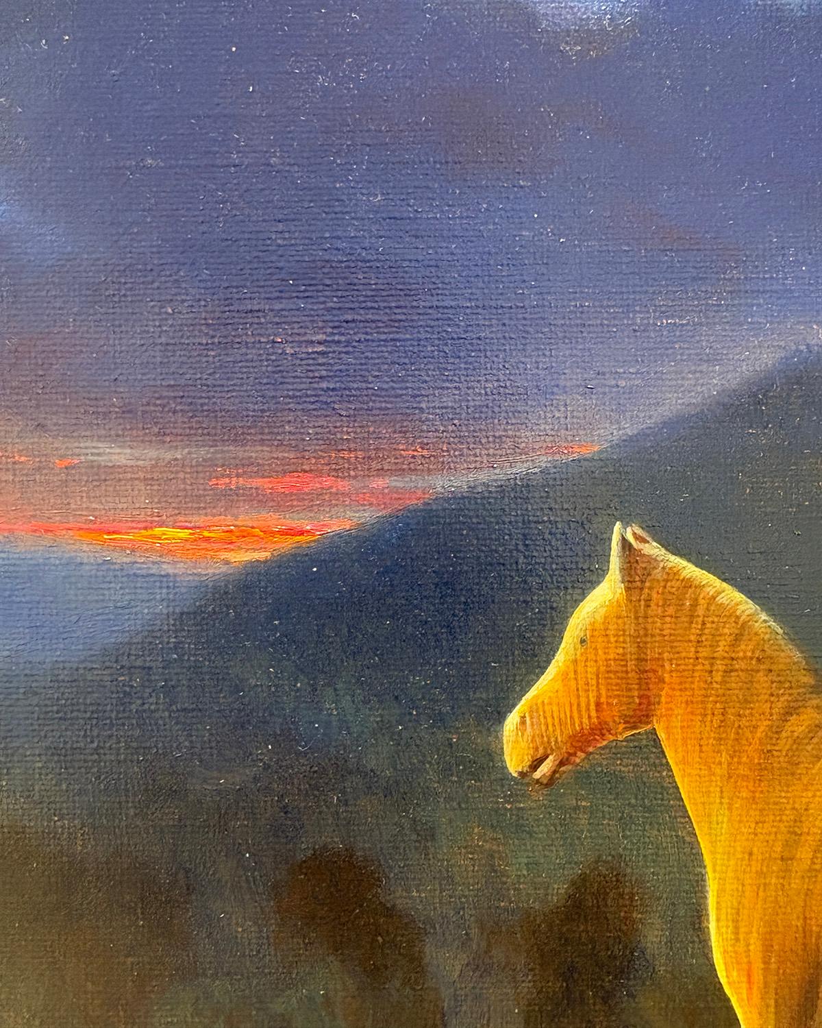 Serie Cavallo giocattolo: Notte (Natura morta realistica con cavallo giocattolo contro il cielo notturno) - Still-Life Painting Viola di Ann Getsinger