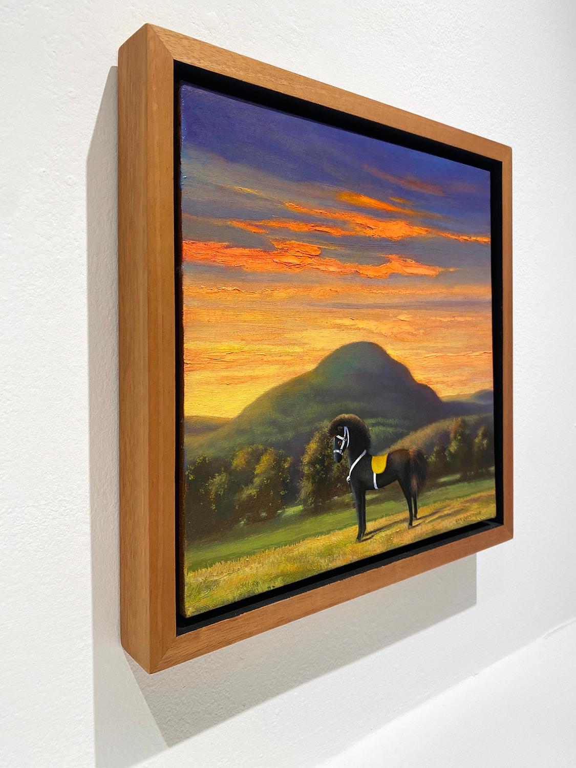 Toy Horse Series: Sunset (Still Life Painting Against Sunset Mountain Landscape) - Gray Still-Life Painting by Ann Getsinger