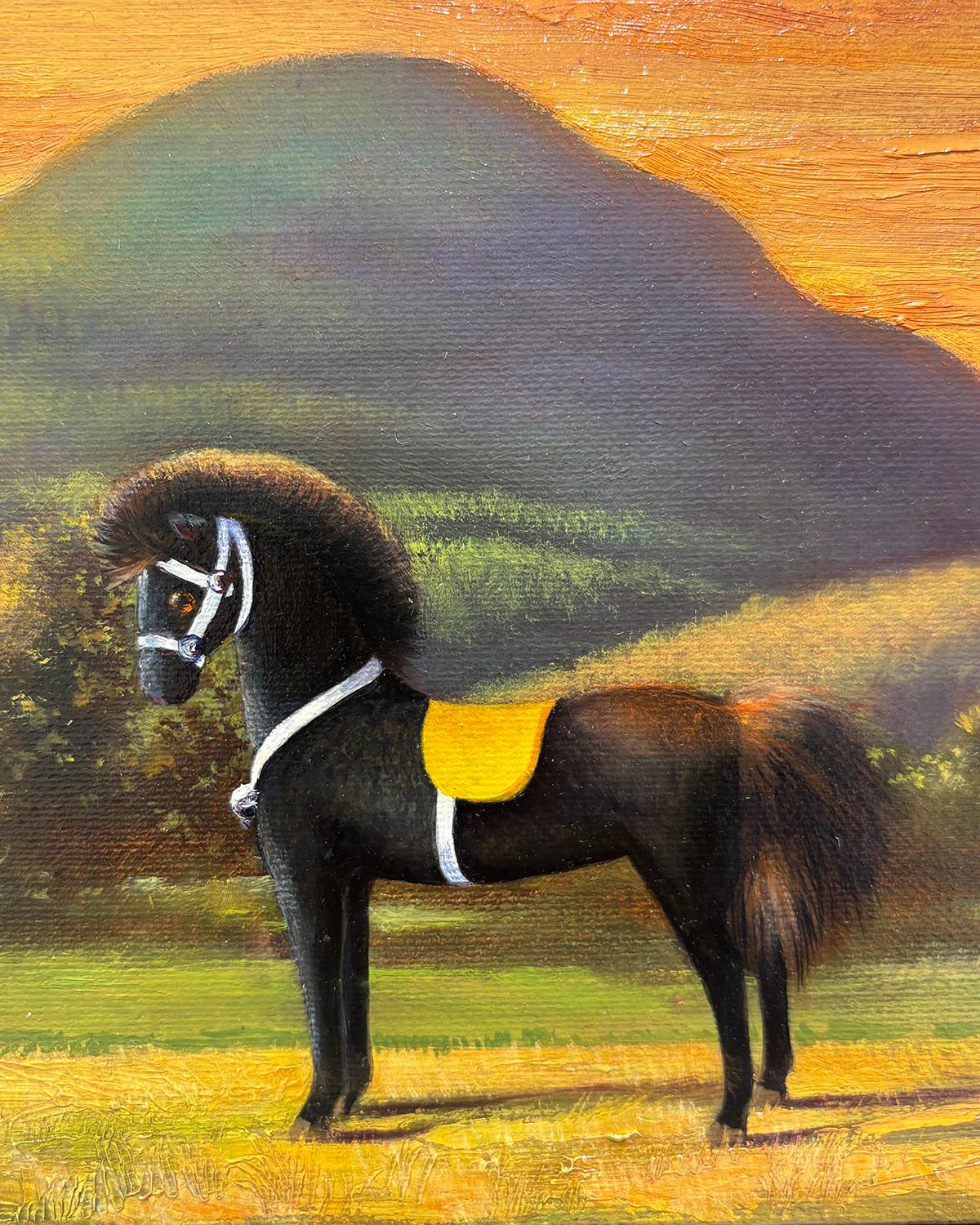 Toy Horse Series: Sunset (Still Life with Toy Horse Against Sunset Landscape)
12 x 12 inches, oil on linen
14 x 14 inches in frame of medium dark wood

Signed right bottom corner

Ann Getsinger is an oil painter with a home and studio is in the
