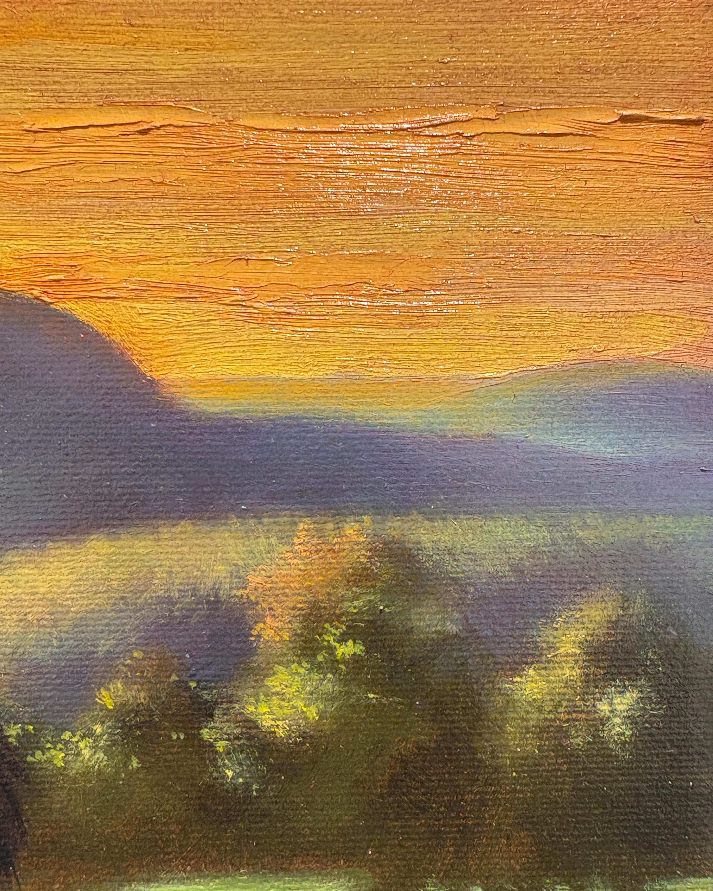 Toy Horse Series: Sunset (Still Life Painting Against Sunset Mountain Landscape) For Sale 2