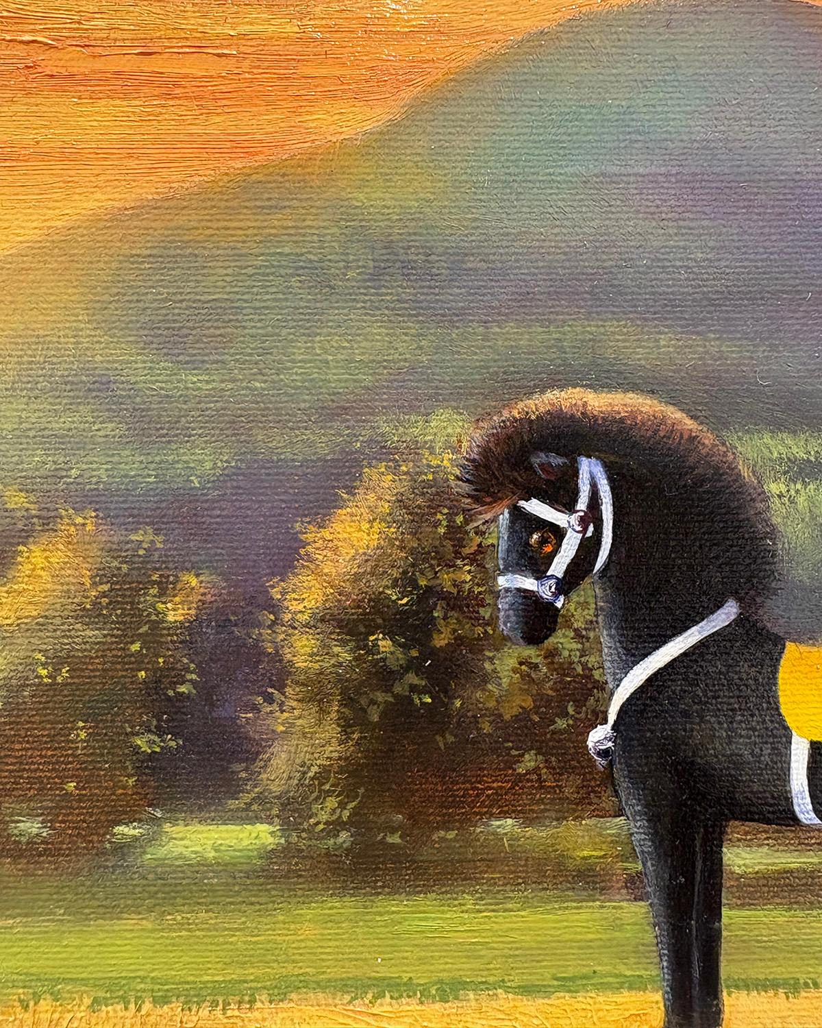 Toy Horse Series: Sunset (Still Life Painting Against Sunset Mountain Landscape) For Sale 3