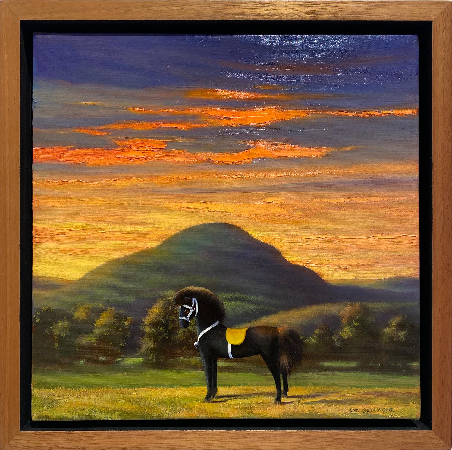 Toy Horse Series: Sunset (Still Life Painting Against Sunset Mountain Landscape) For Sale 5