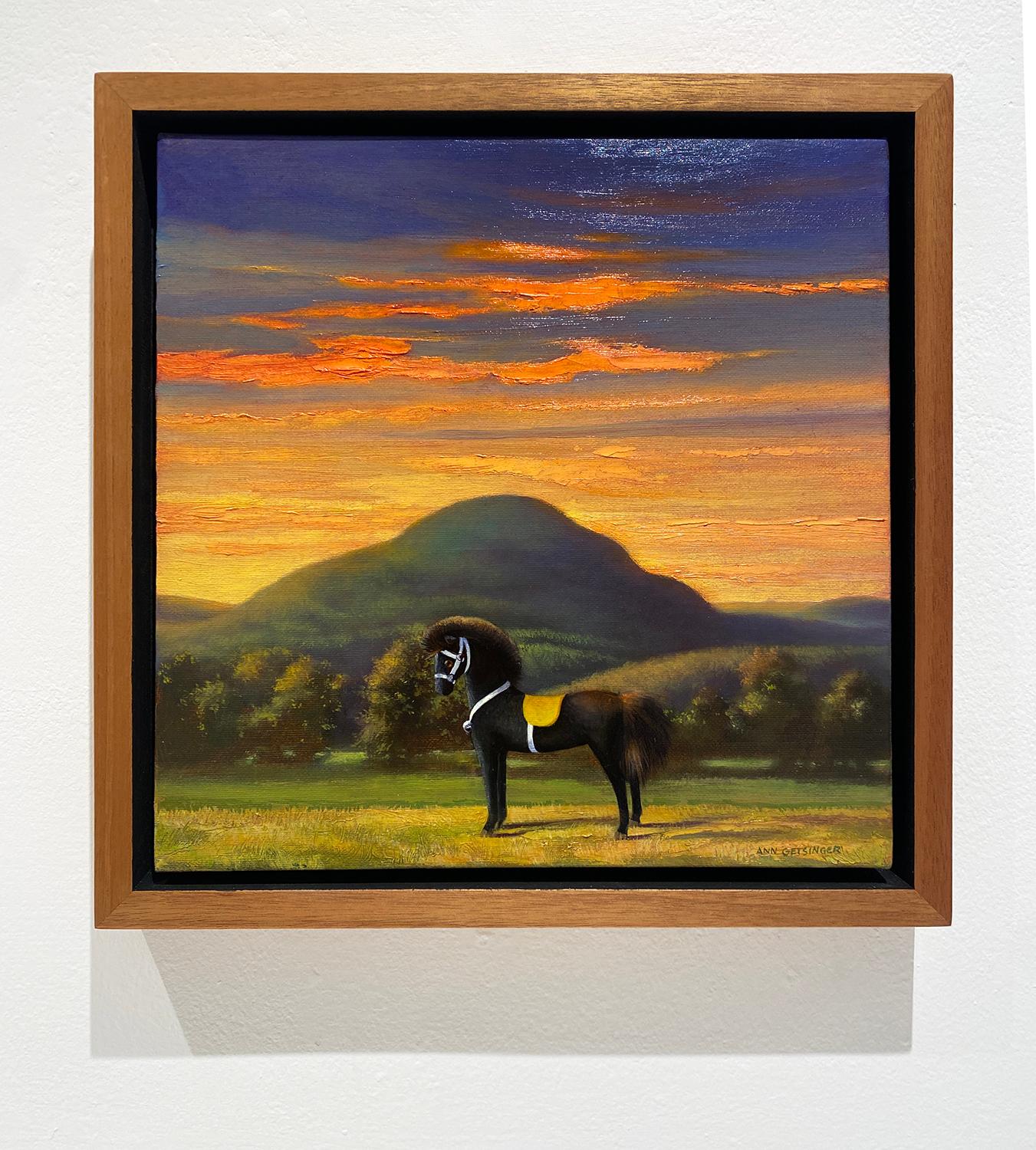 Toy Horse Series: Sunset (Still Life Painting Against Sunset Mountain Landscape) For Sale 6