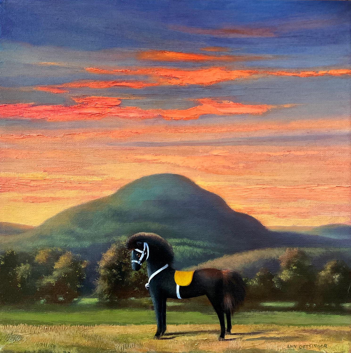 Ann Getsinger Still-Life Painting - Toy Horse Series: Sunset (Still Life Painting Against Sunset Mountain Landscape)