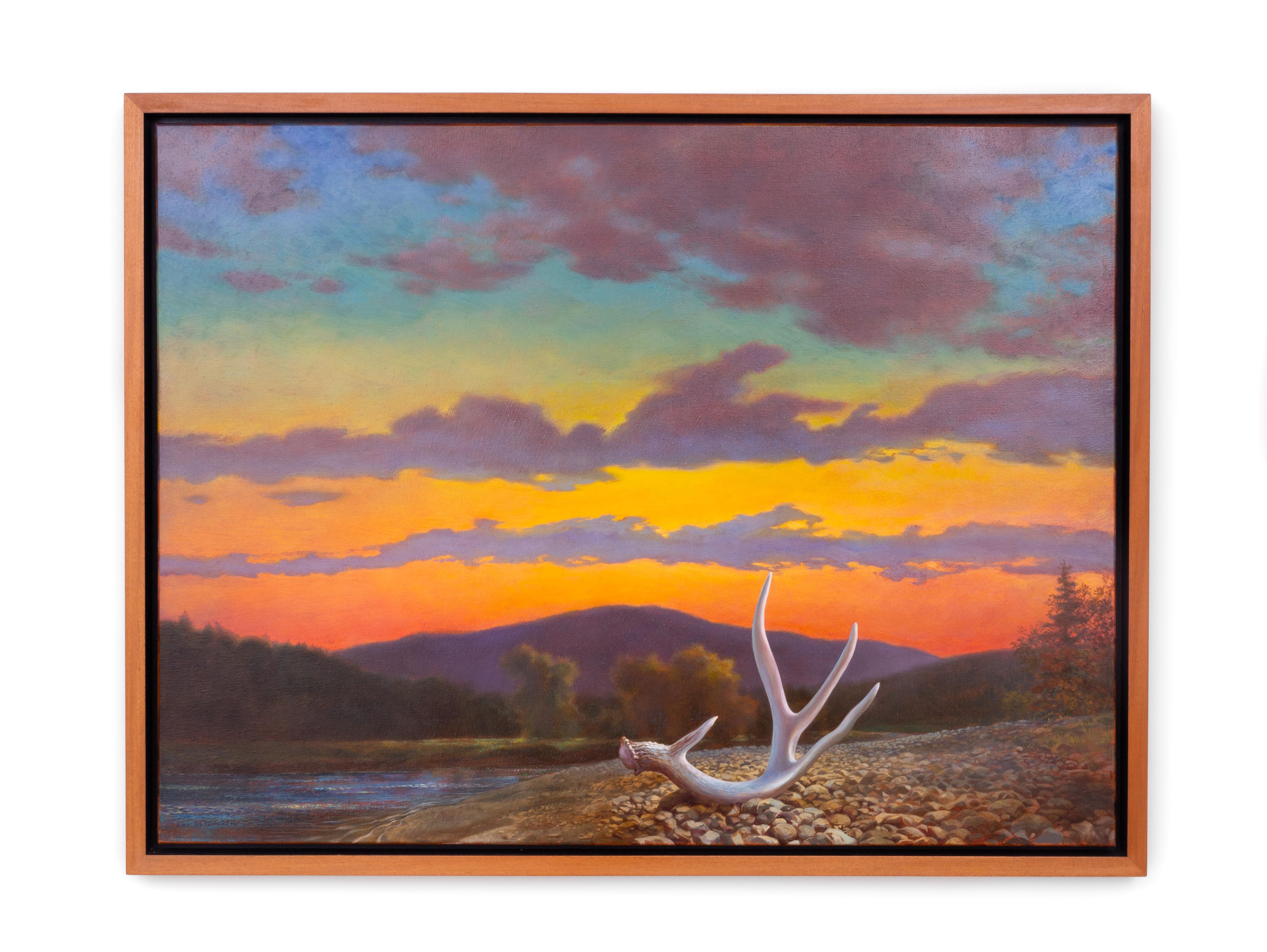 Watershed (Surreale, Vast-Sonnenuntergang-Landschaft mit Bergen und Geweih in Flussbett)  – Painting von Ann Getsinger