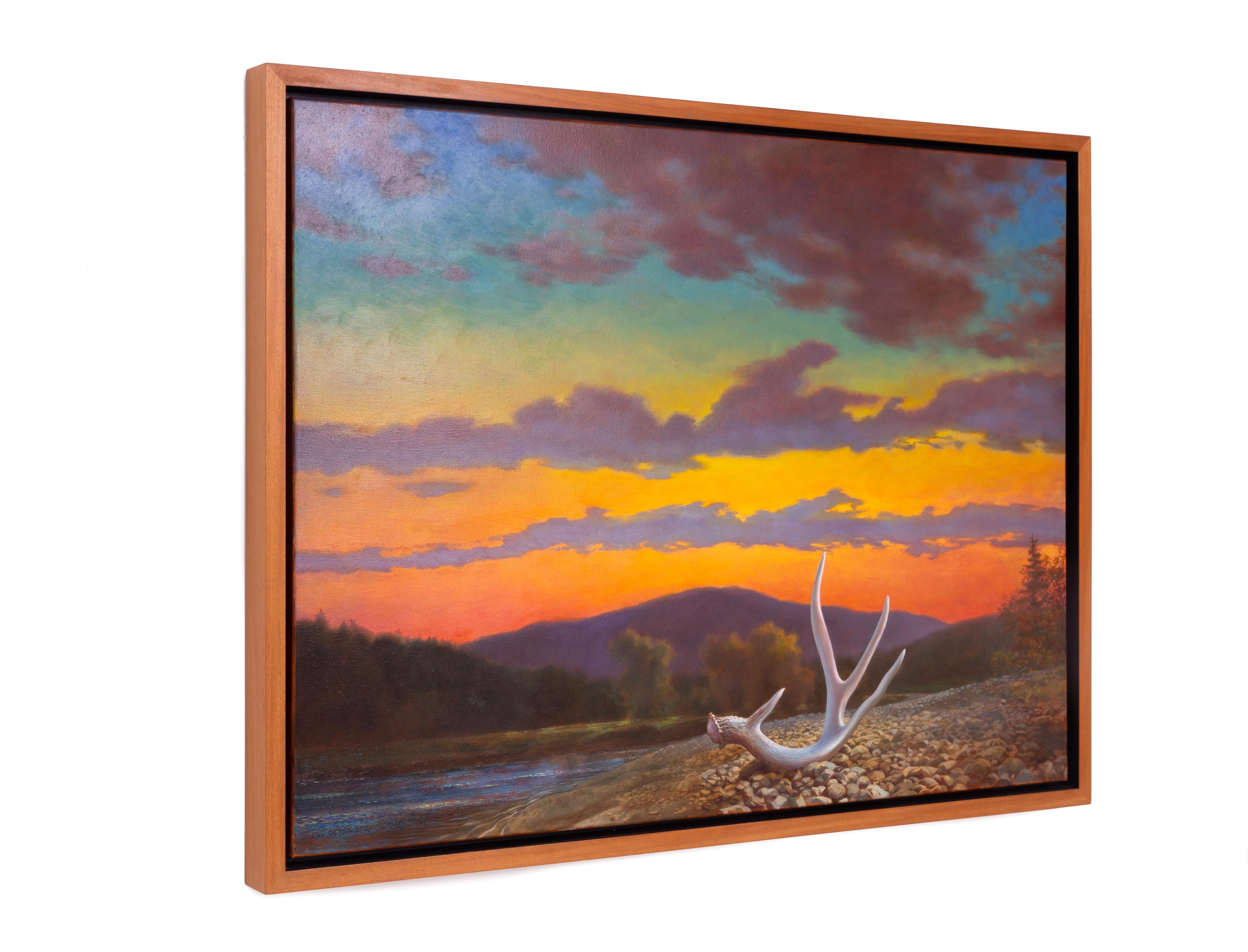 Watershed (Surreale, Vast-Sonnenuntergang-Landschaft mit Bergen und Geweih in Flussbett)  (Zeitgenössisch), Painting, von Ann Getsinger