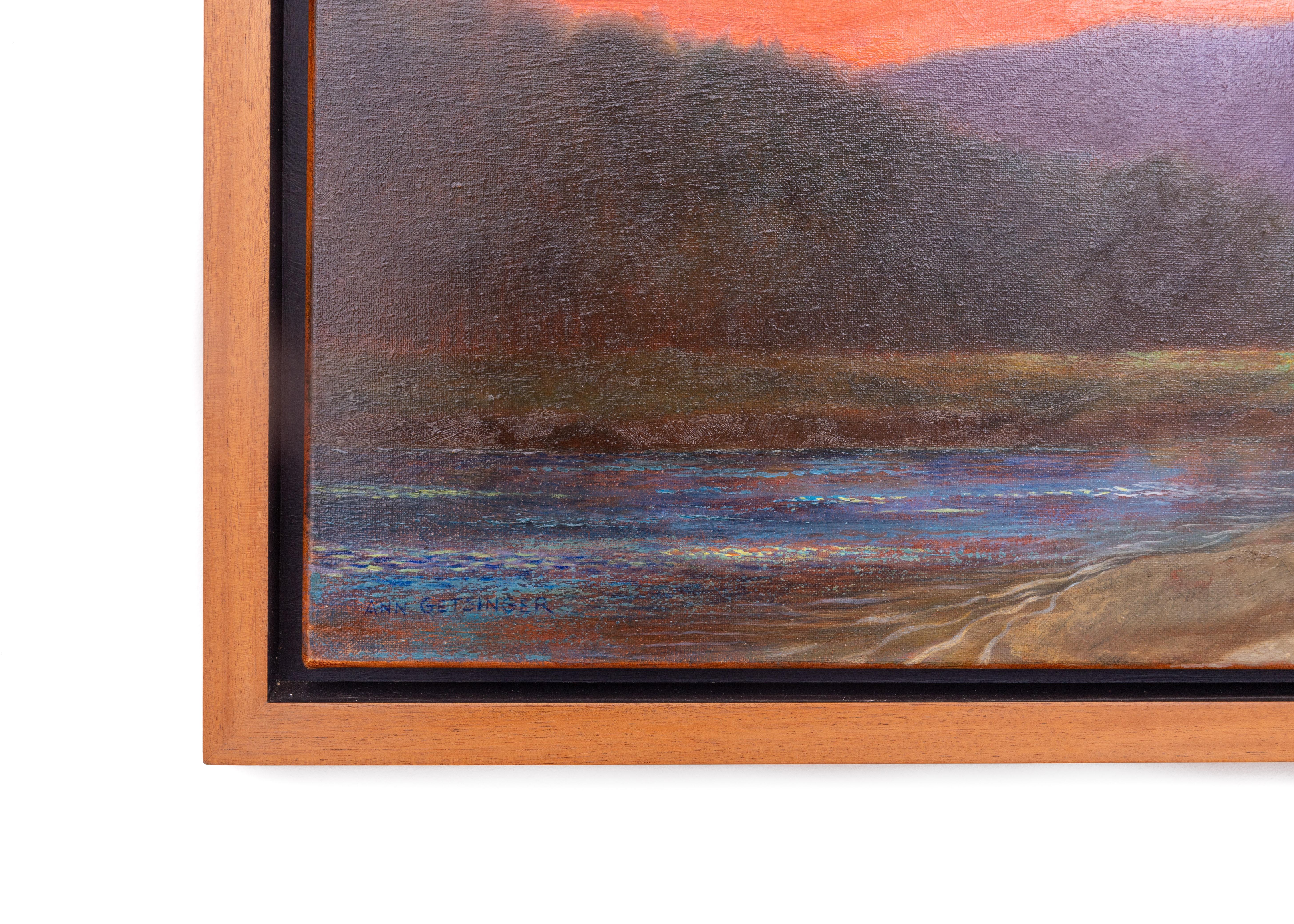 Watershed (Surreale, Vast-Sonnenuntergang-Landschaft mit Bergen und Geweih in Flussbett)  (Braun), Landscape Painting, von Ann Getsinger