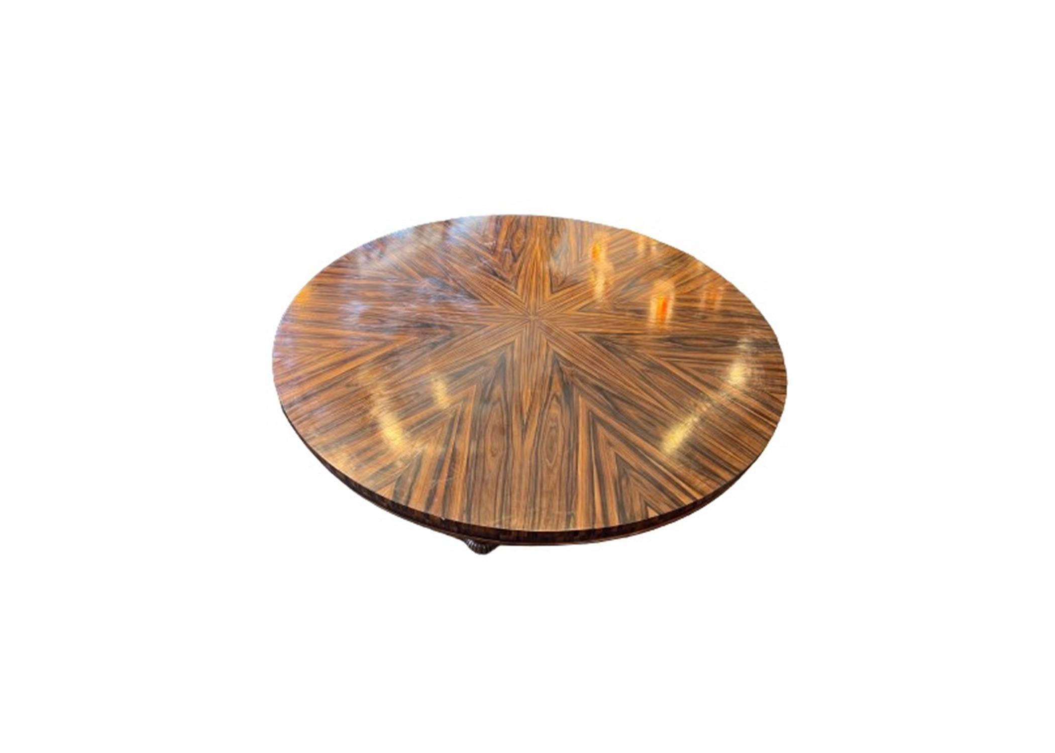 Regency Style Zebrawood Circular Dining Table, Modern- 30 1/2 x 6 ft. diam.

The Collection of Ann and Gordon Getty at STAIR: A Lifetime of Connoisseurship, Curiosity and Collecting, The Collection of Ann Getty.

Condition- In good overall condition