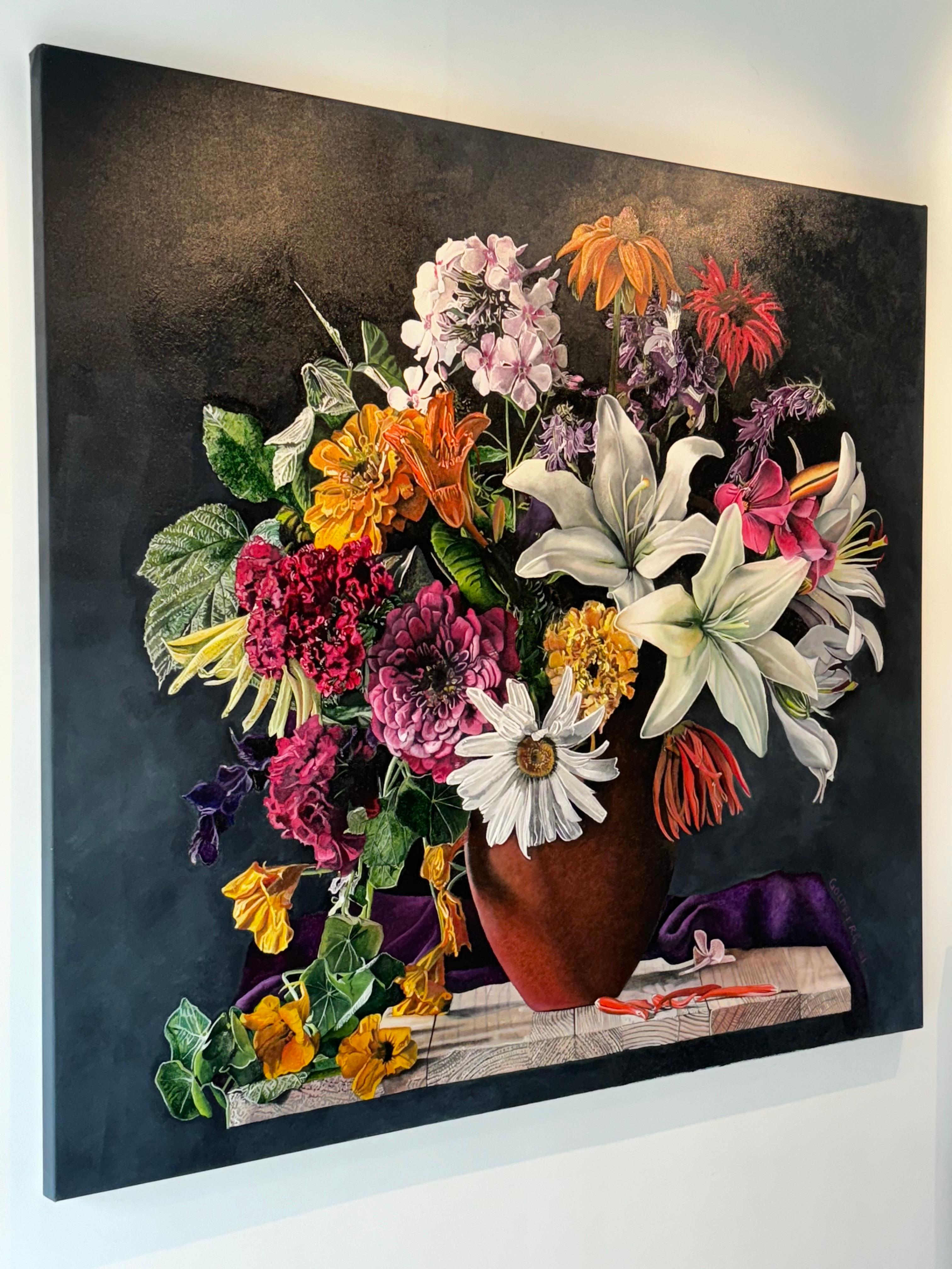 Perennes canadienses - pintura al óleo de realismo original en venta - arte contemporáneo - Still-Life Painting Negro de Ann Goldberg