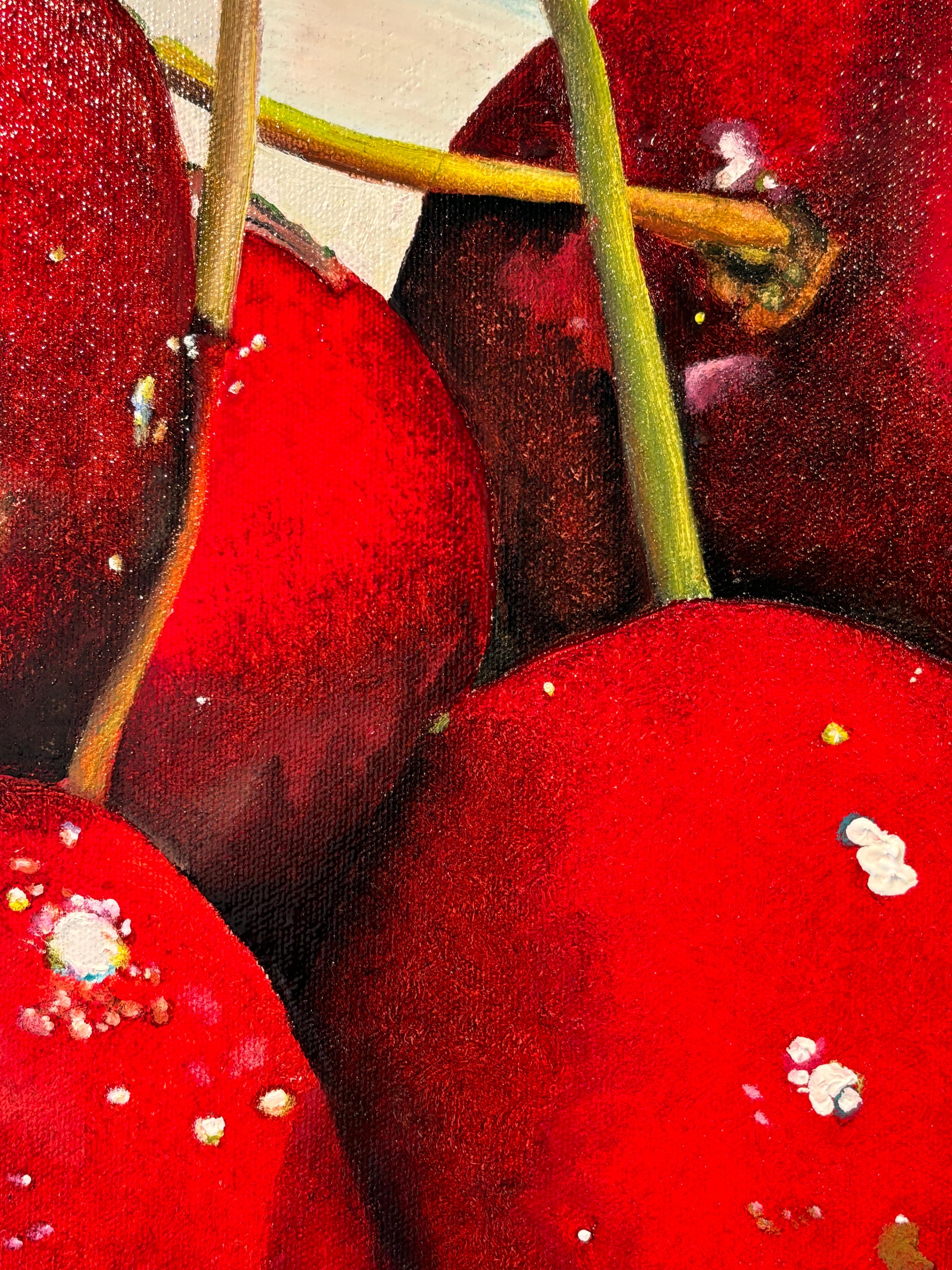 Kirschen in Glasschale -Originales realistisches Ölgemälde von Früchten- Zeitgenössische Kunst im Angebot 1
