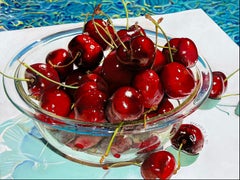 Cerises dans un bol en verre - peinture à l'huile originale réaliste sur les fruits - art contemporain