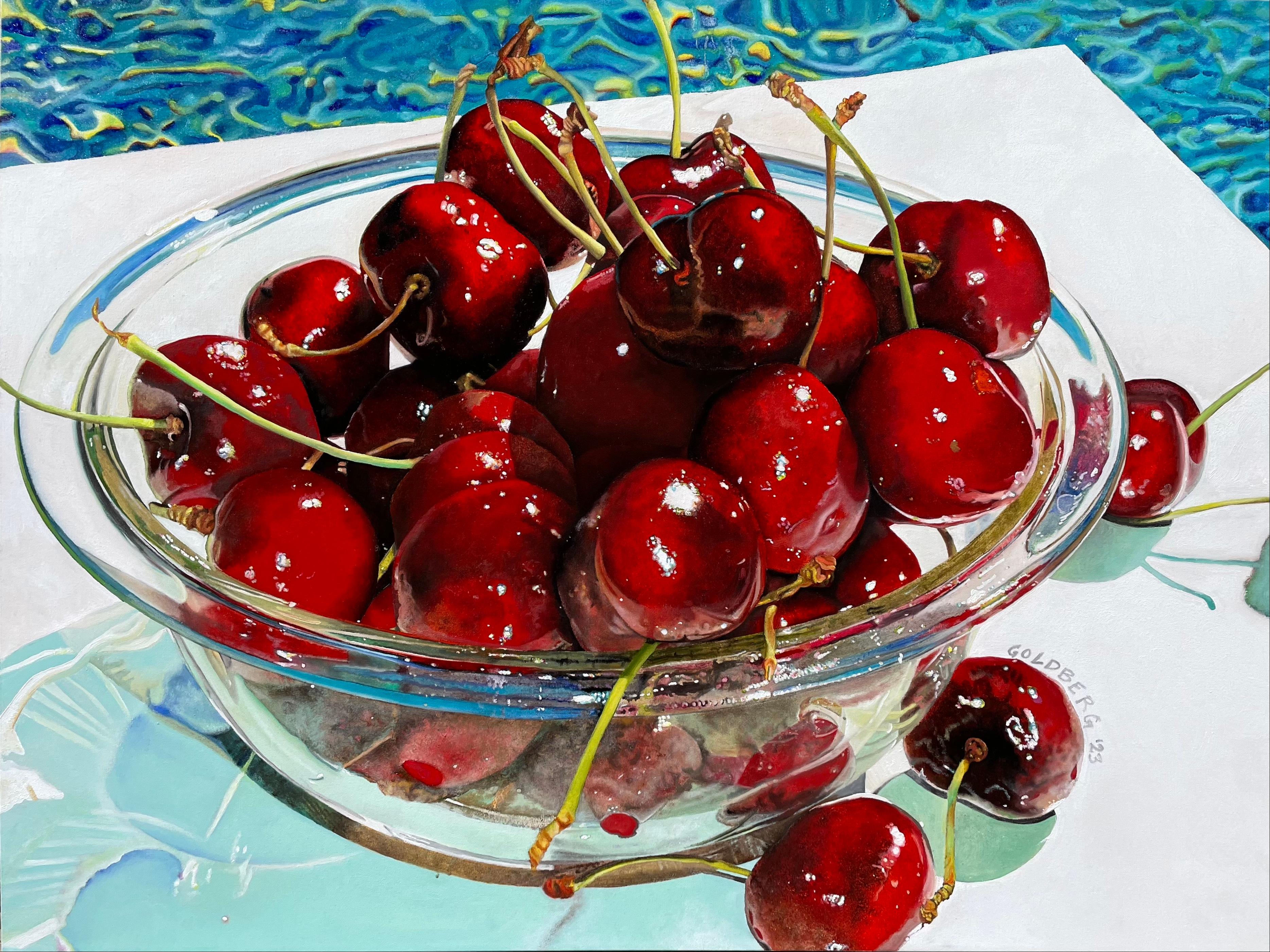 Cherries in Glass Bowl -original realism oil painting for sale- contemporary art
