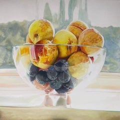 Pesche baciate dal sole - pittura ad olio originale iperrealista sulla frutta - arte contemporanea