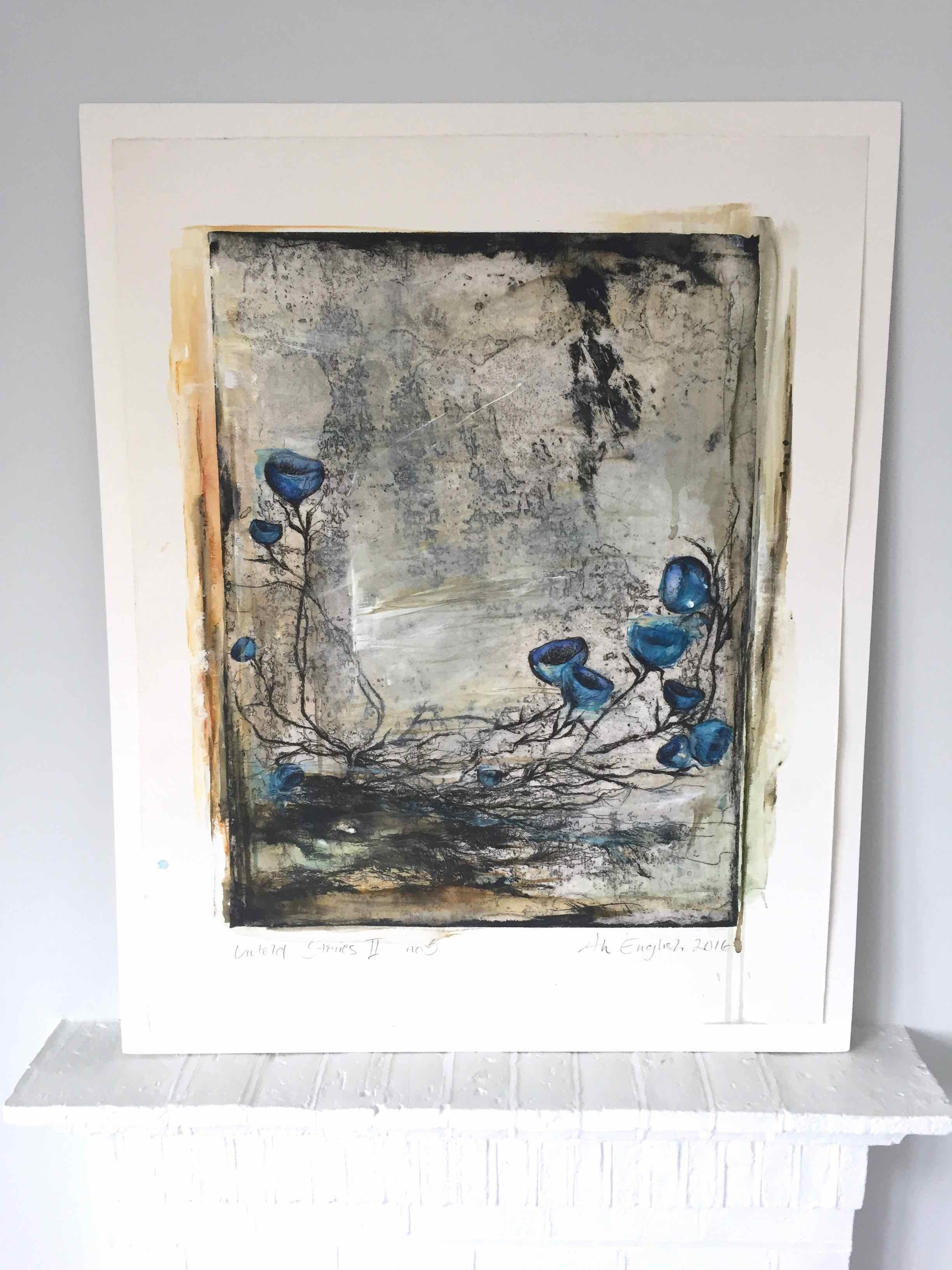 Untold Stories II, No 5: Hand Painted Etching with Collage by Ann-Helen English - Gray Interior Print by Ann Helen English