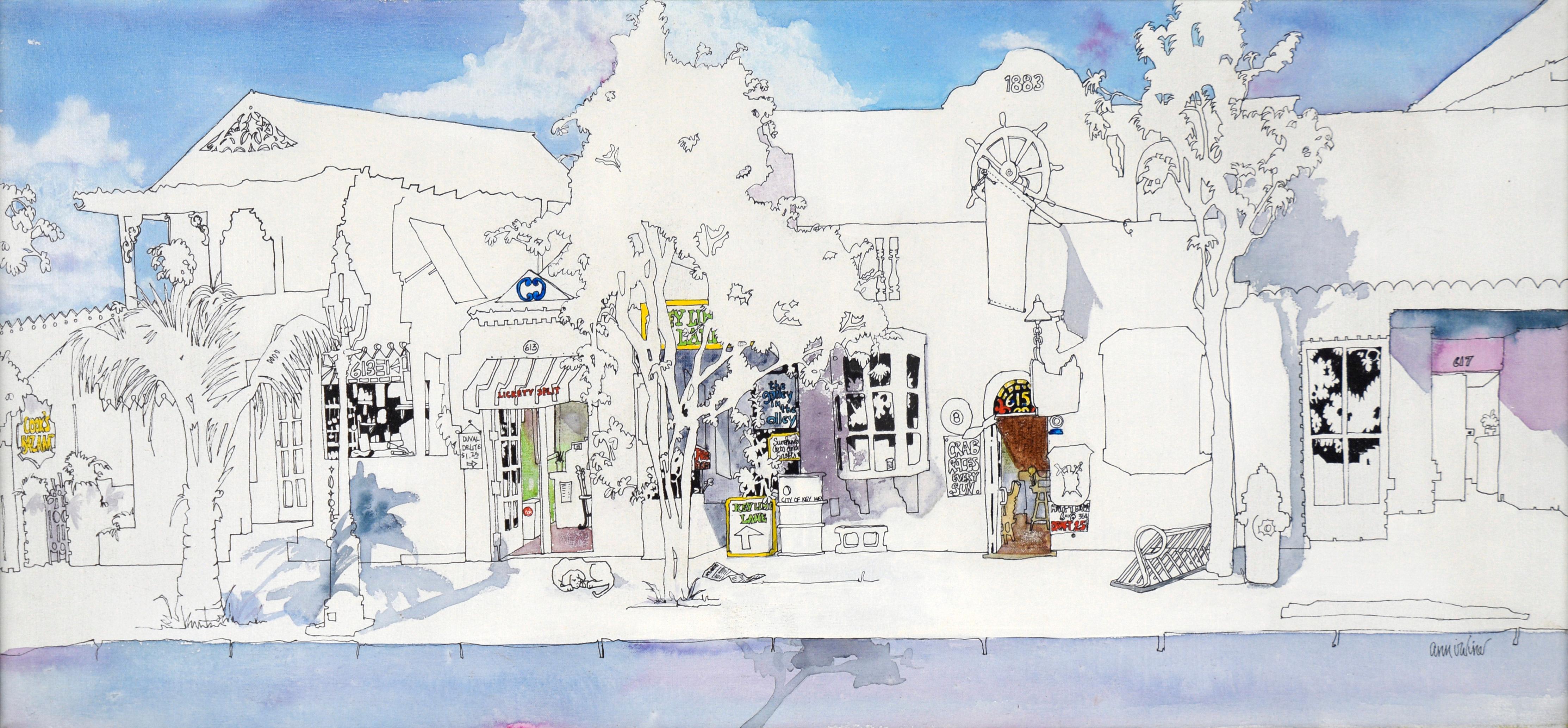 Negozi di Key Lime Lane - Illustrazione su tela in acrilico e inchiostro - Painting di Ann Irvine