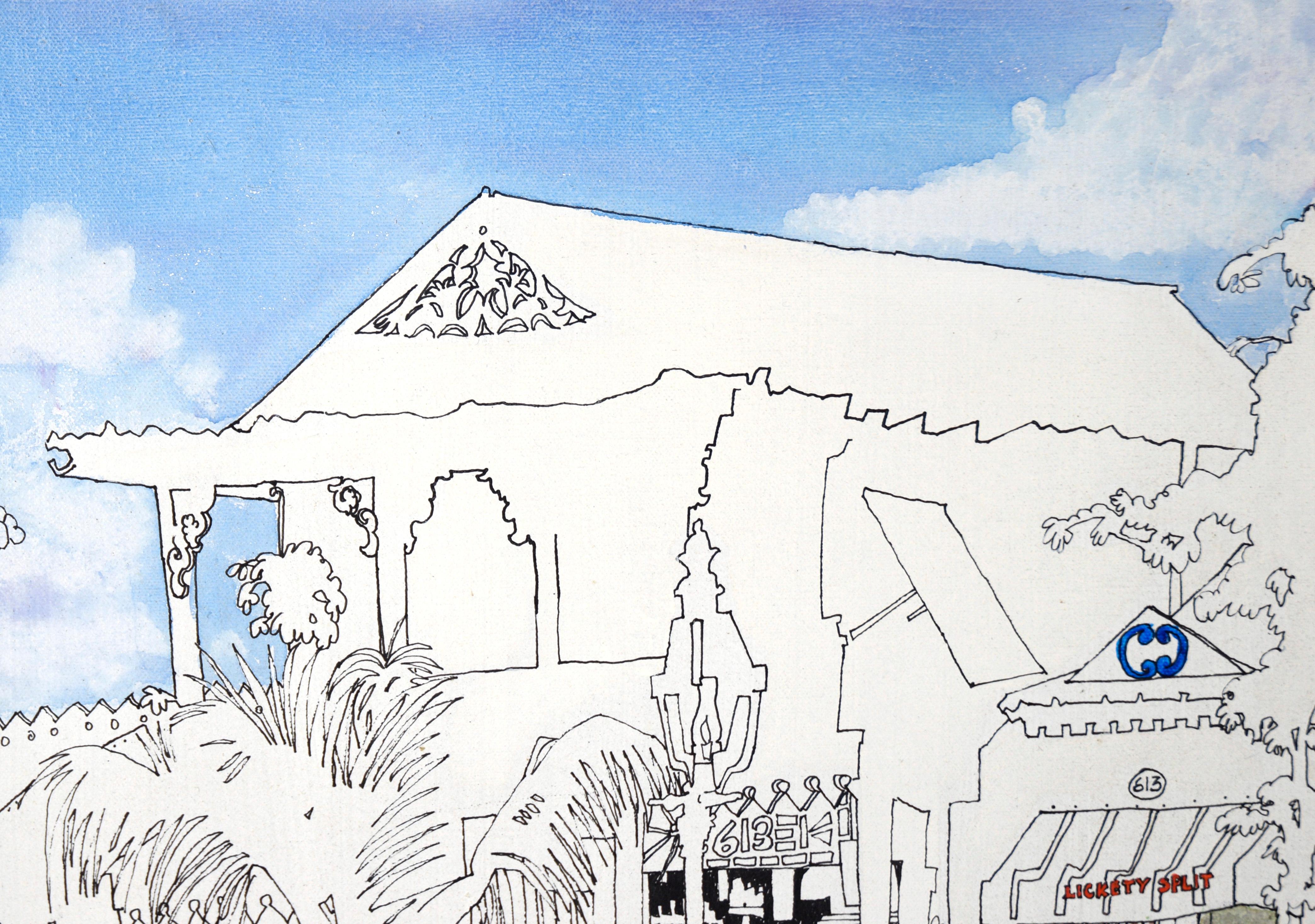 Negozi di Key Lime Lane - Illustrazione su tela in acrilico e inchiostro - Painting Moderno di Ann Irvine