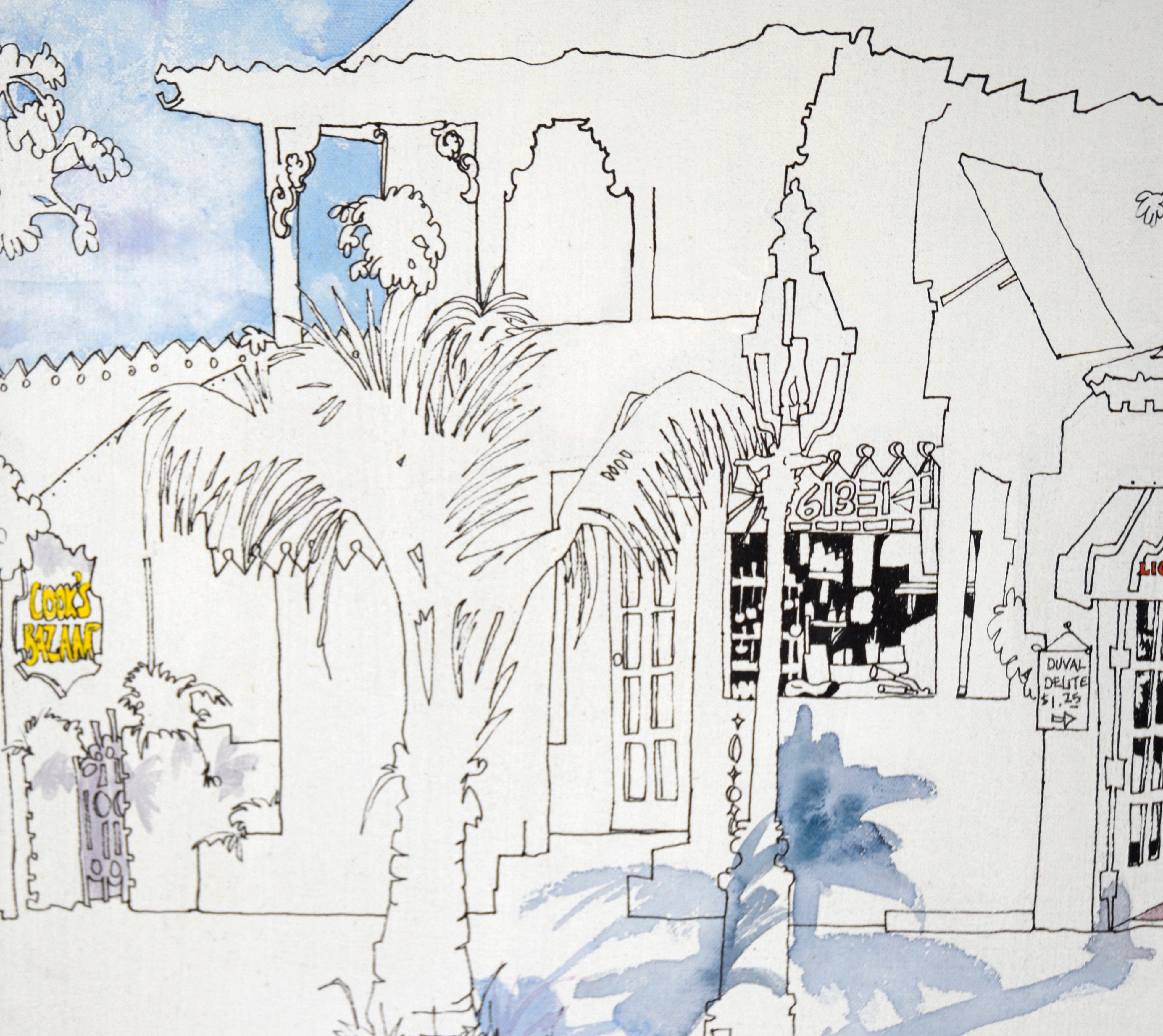 Negozi di Key Lime Lane - Illustrazione su tela in acrilico e inchiostro - Landscape Painting Grigio di Ann Irvine