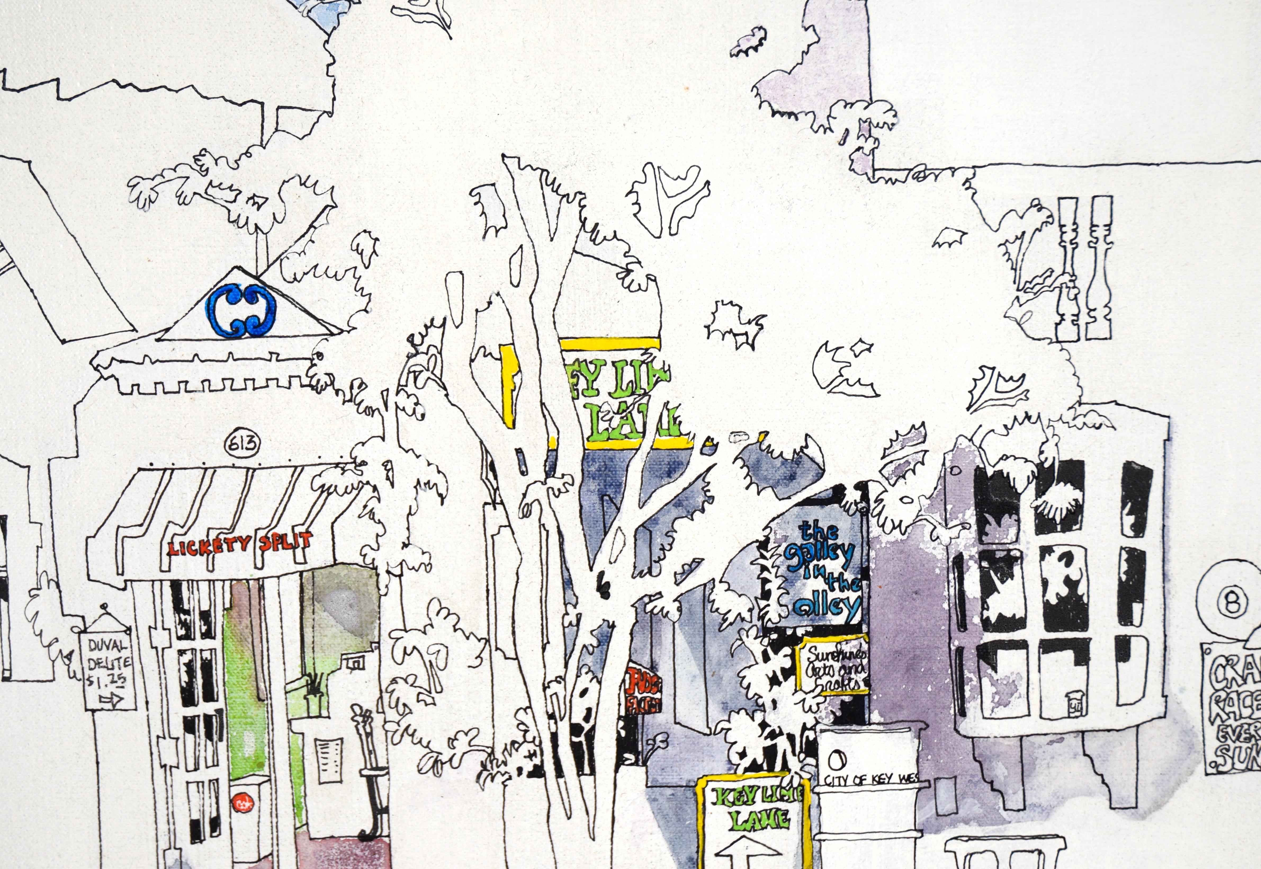 Negozi di Key Lime Lane - Illustrazione su tela in acrilico e inchiostro in vendita 1