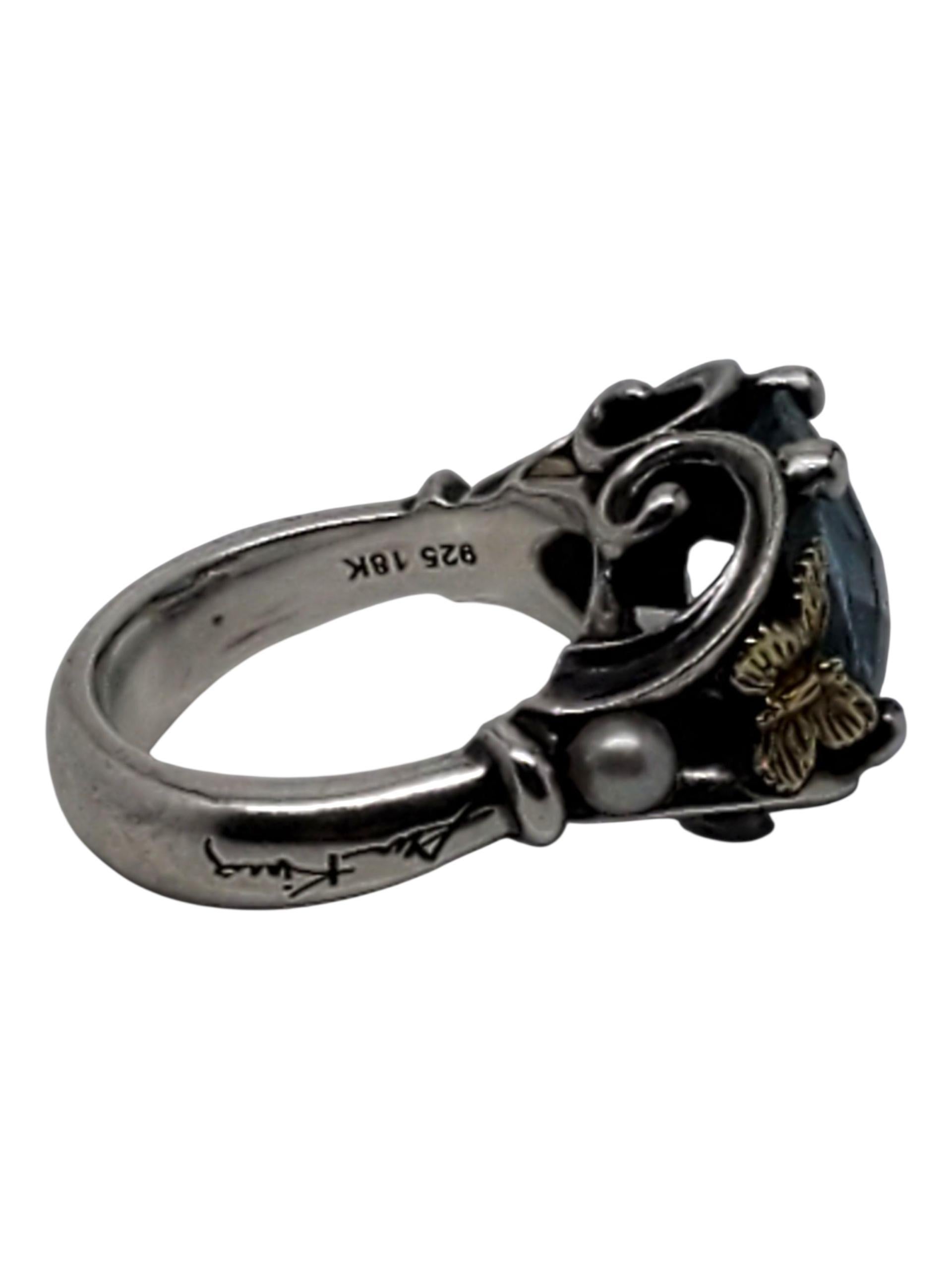 Ann King Anillo de mariposa de cuarzo azul de 18 quilates y plata de ley Talla 6 #23773 en venta 2