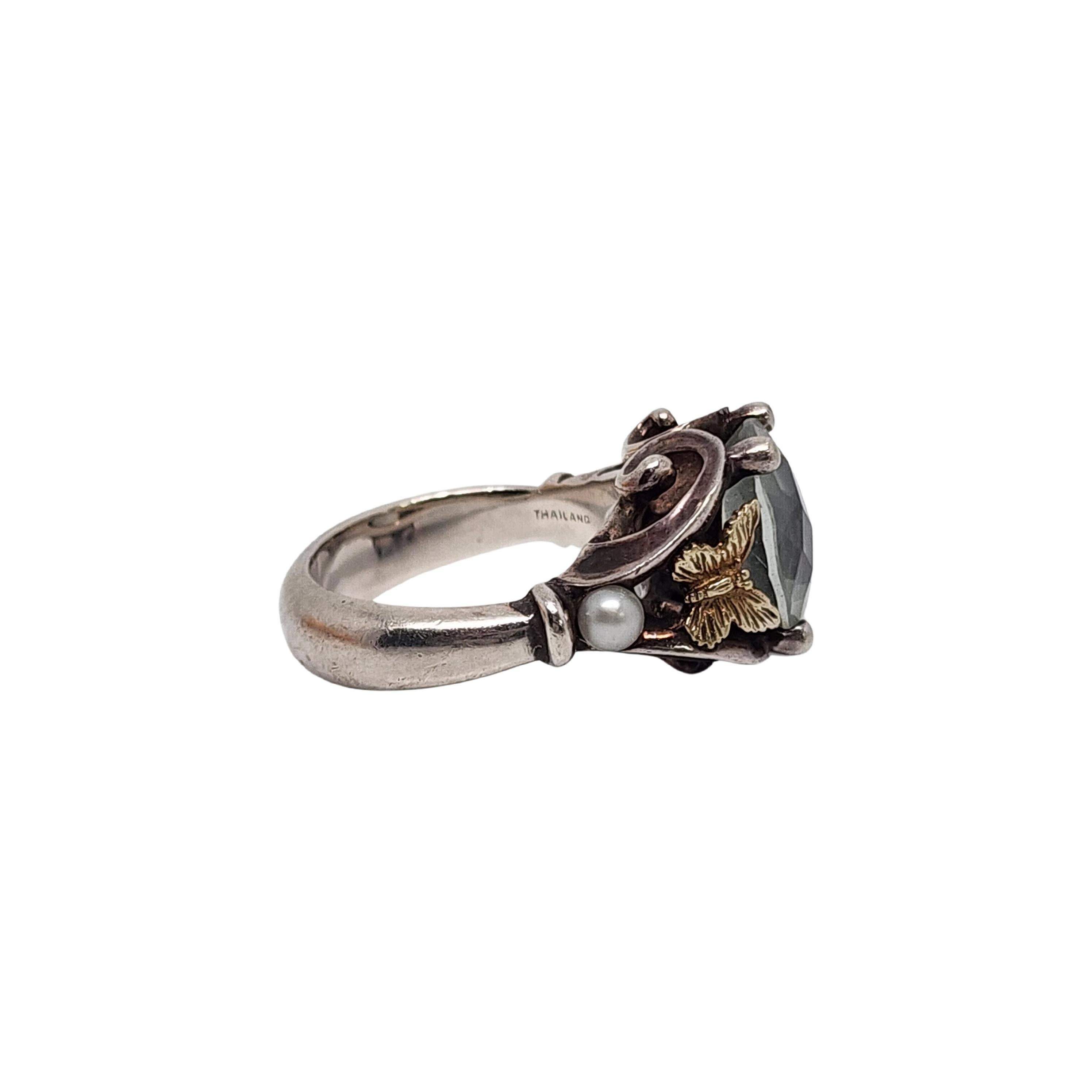 Women's Ann King Sterling Silver 18K Gold Prasiolite Pearl Ring Size 6 3/4 #16434 For Sale