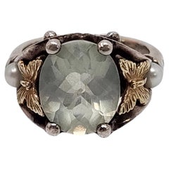 Vintage Ann King Sterling Silver 18K Gold Prasiolite Pearl Ring Size 6 3/4 #16434