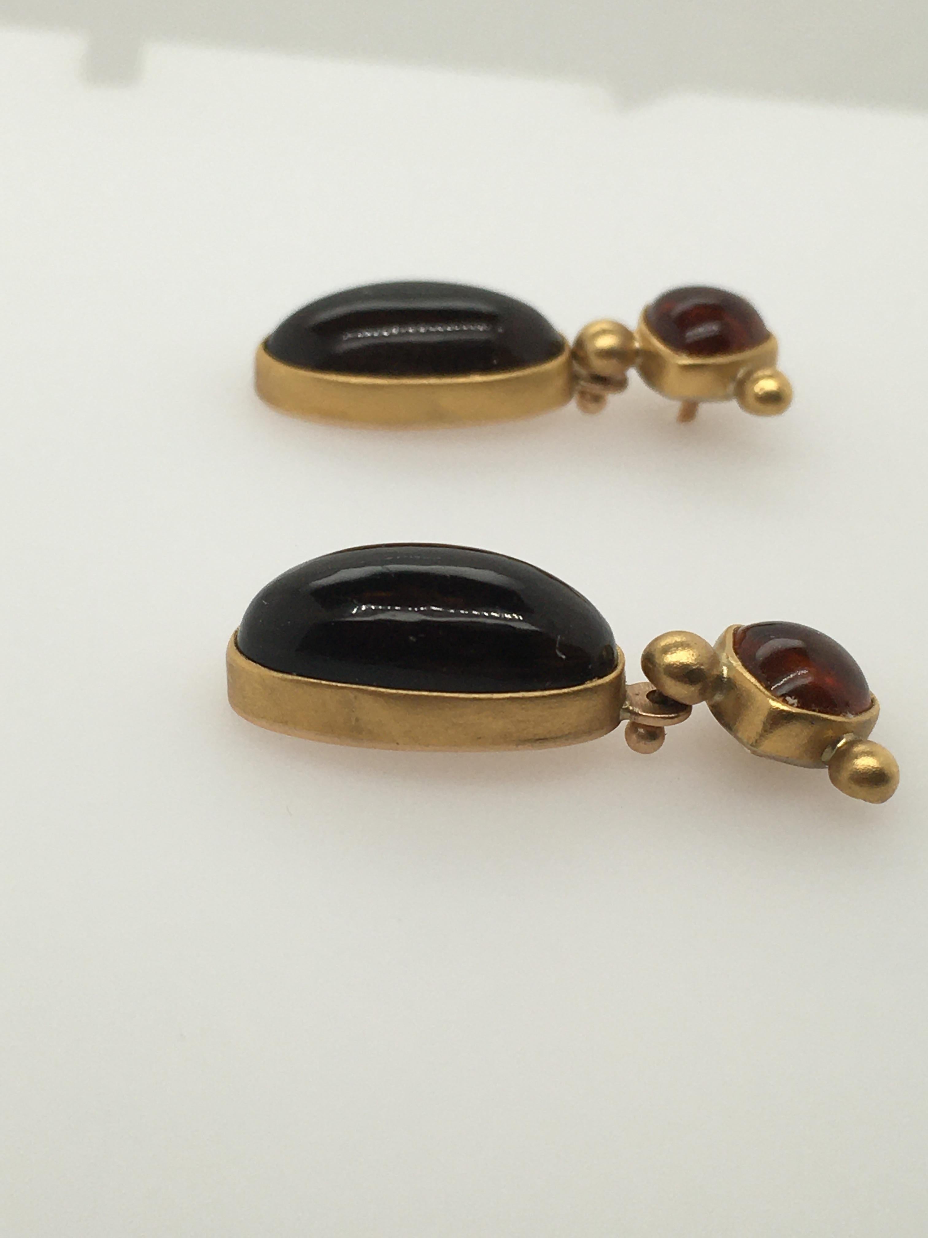 Modern Ann Krupp Citrine Earrings w/ Smoky Quartz Drops on Bezel; 14k, 18k & 22k Gold For Sale